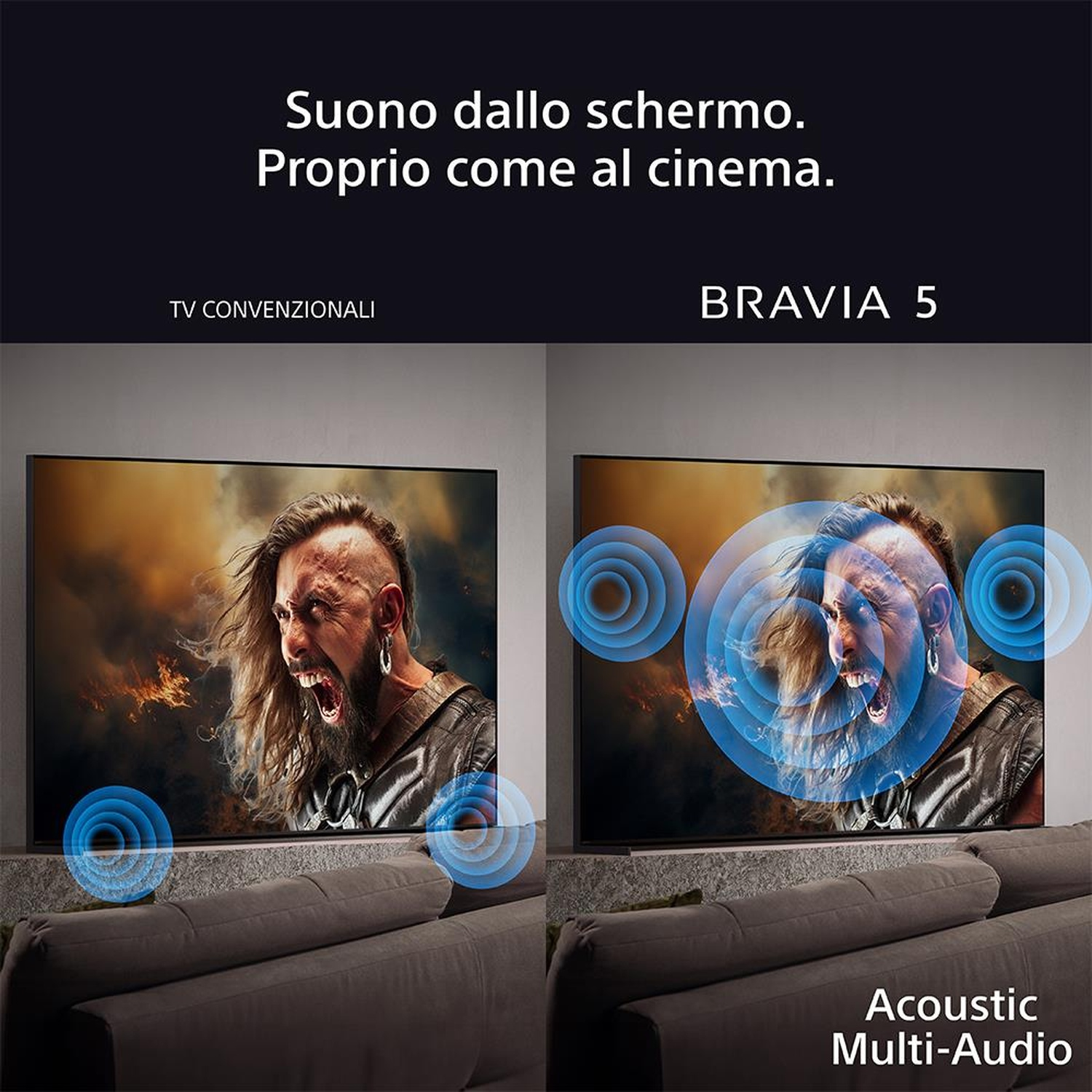 Due TV con uomini sullo schermo. Uno è convenzionale, l'altro Bravia 5 con multi-audio acustico.