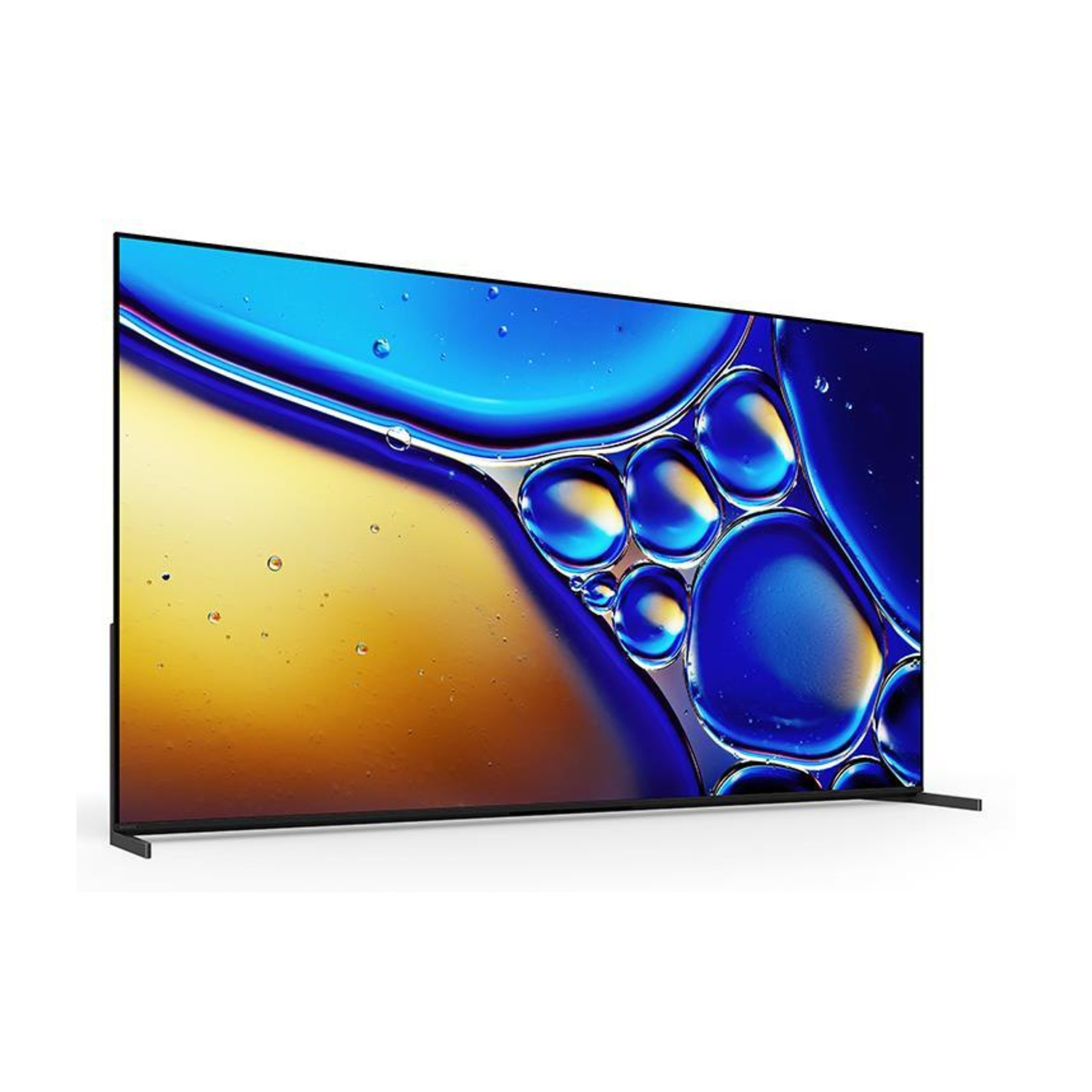 TV con schermo nero, cornice nera sottile e supporto, su sfondo bianco.