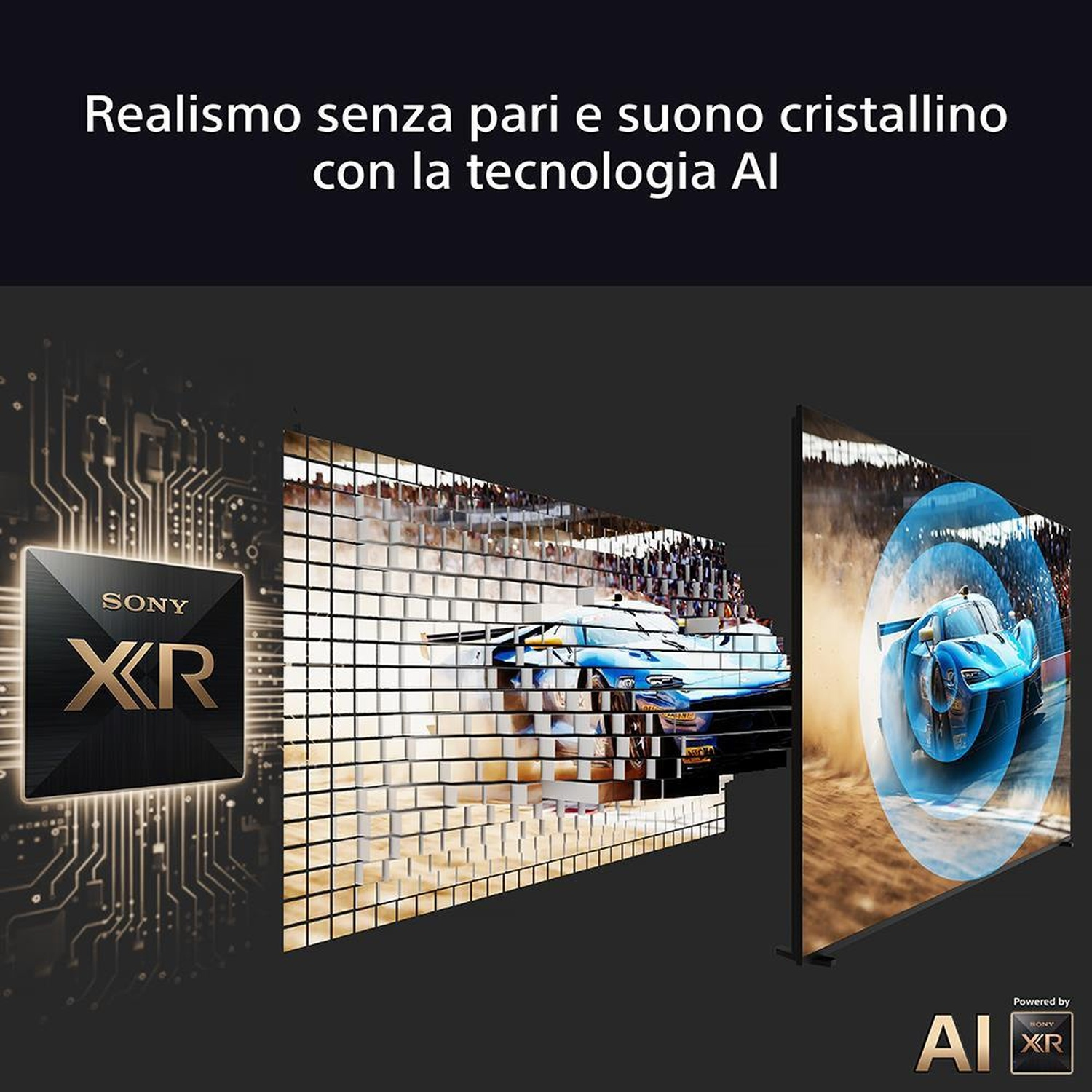 Immagine che mostra una TV Sony con una scena di corse automobilistiche, testo in italiano.