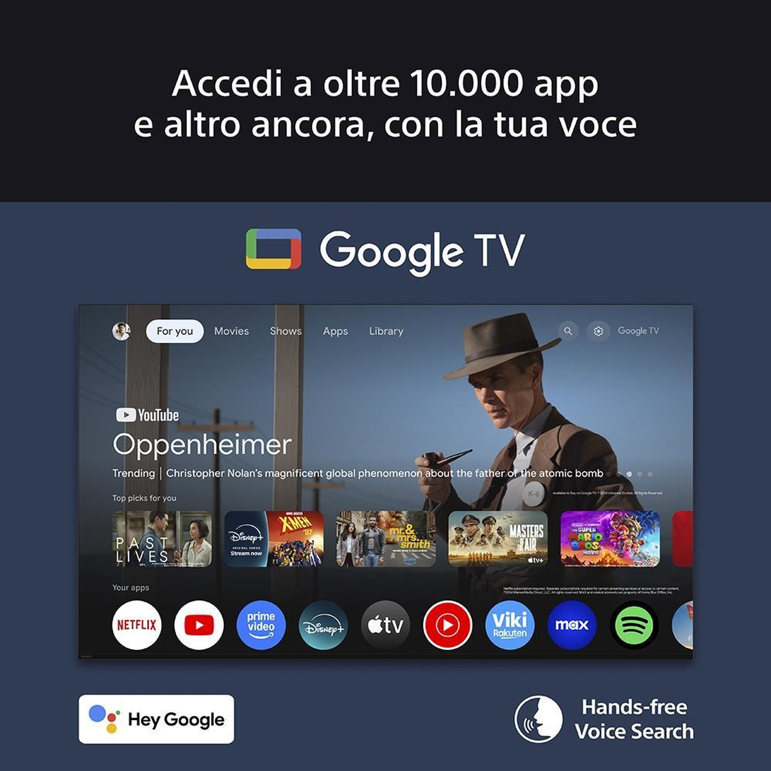 Interfaccia Google TV su uno schermo che mostra un film. Le app sono mostrate sotto. La parola Google TV è visualizzata.