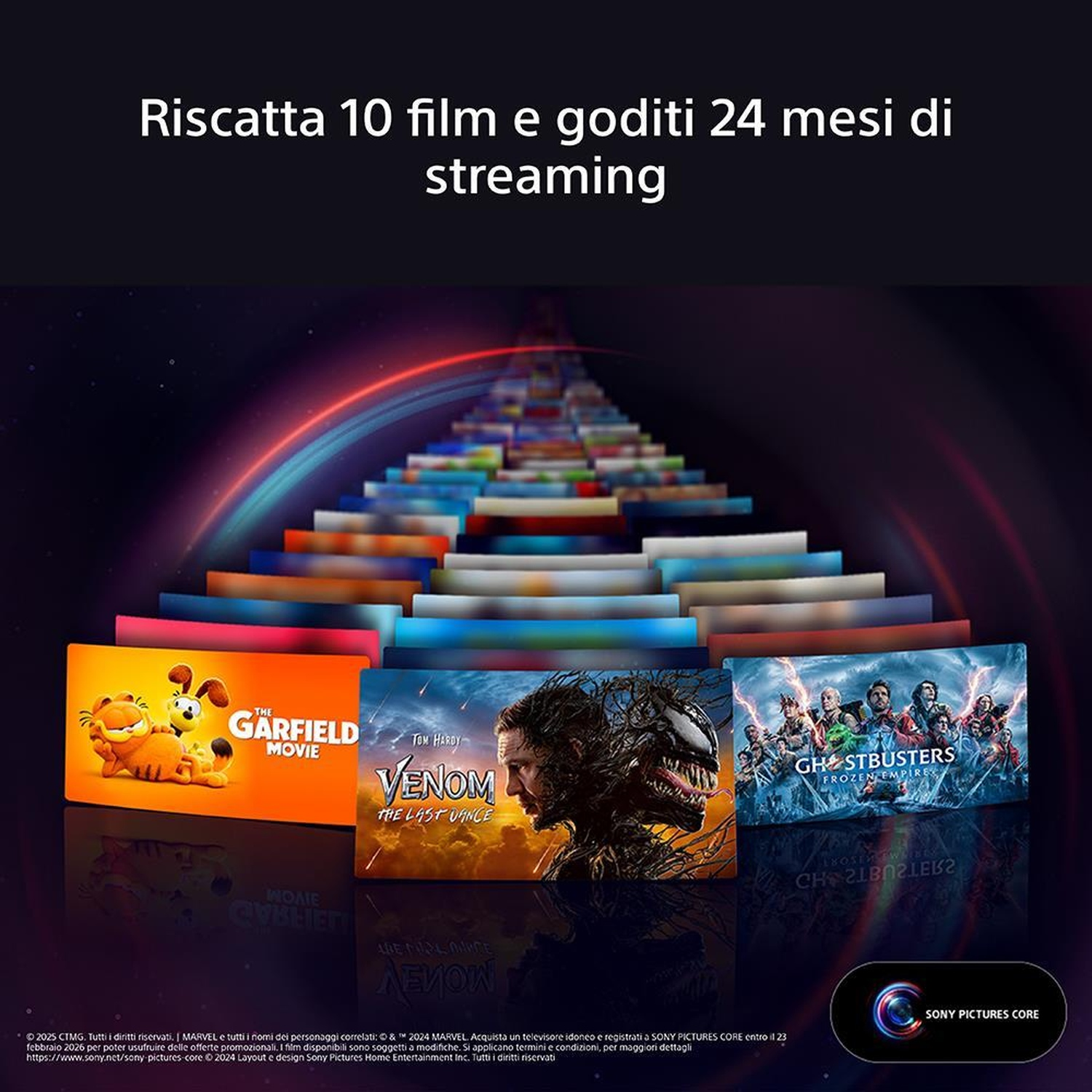 Immagine che mostra più copertine di film con focus su tre: Garfield, Venom e Ghostbusters.