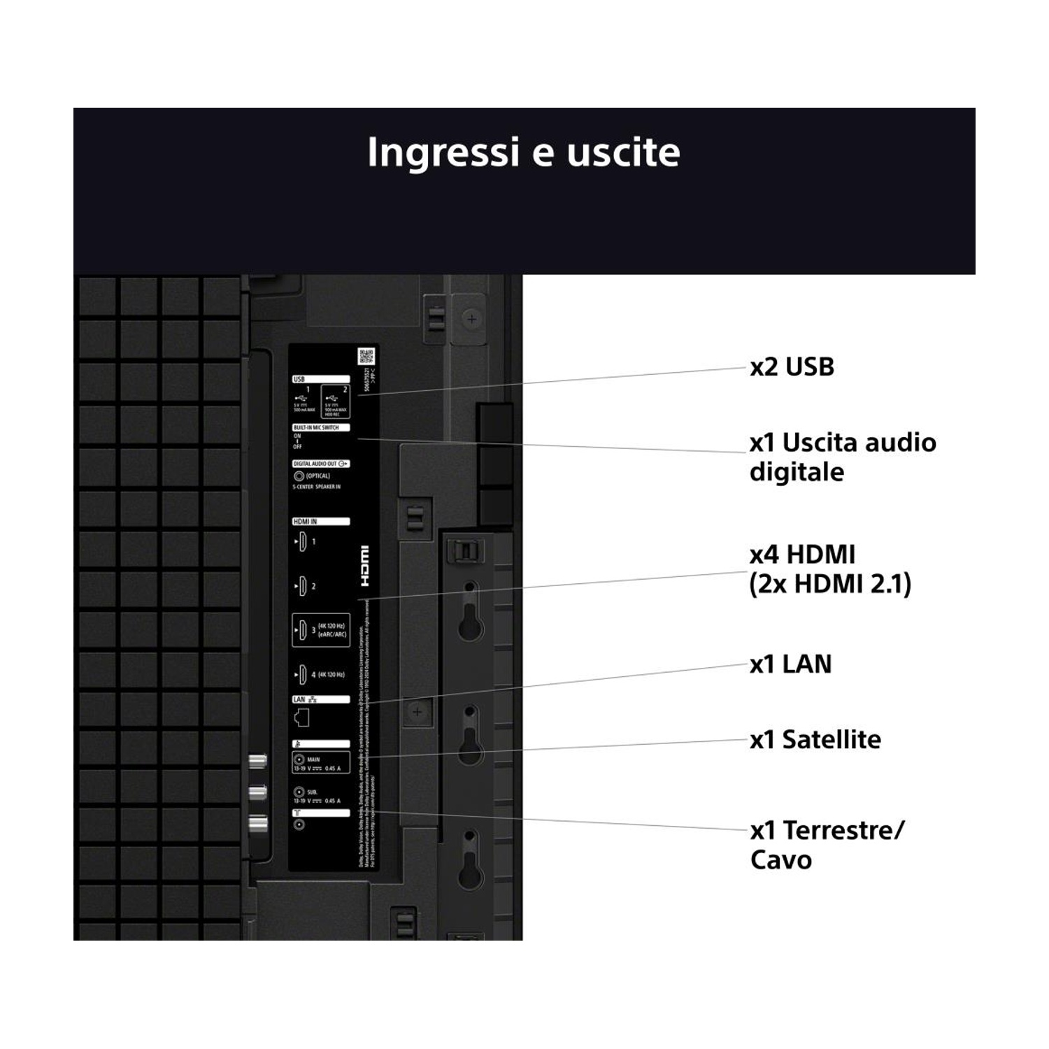Retro di un TV con porte etichettate. Include USB, HDMI, LAN, Satellite e altro. Sfondo nero e testo bianco.