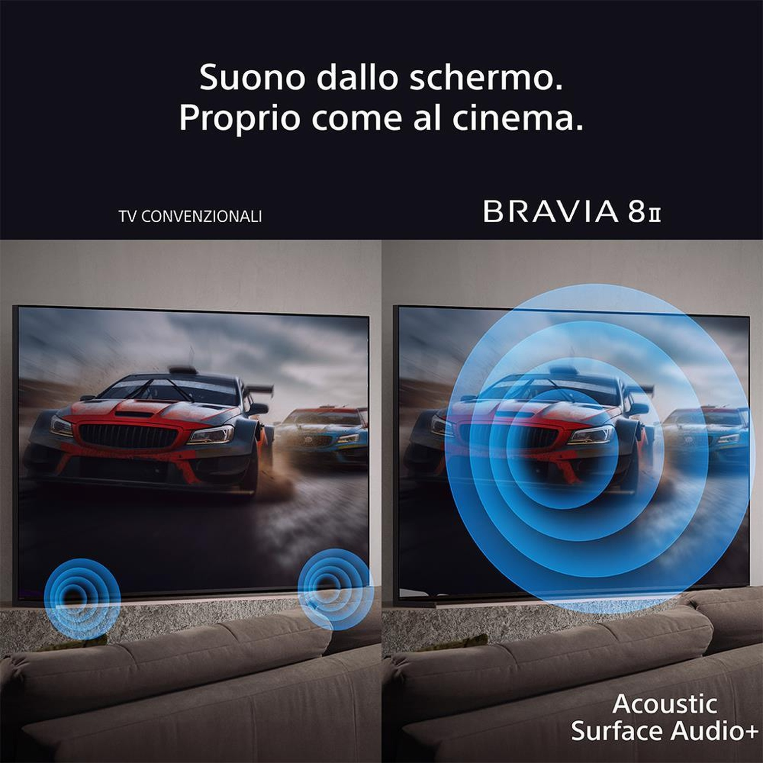 Due TV affiancate. Una mostra una gara di auto sfocata, l'altra è nitida.