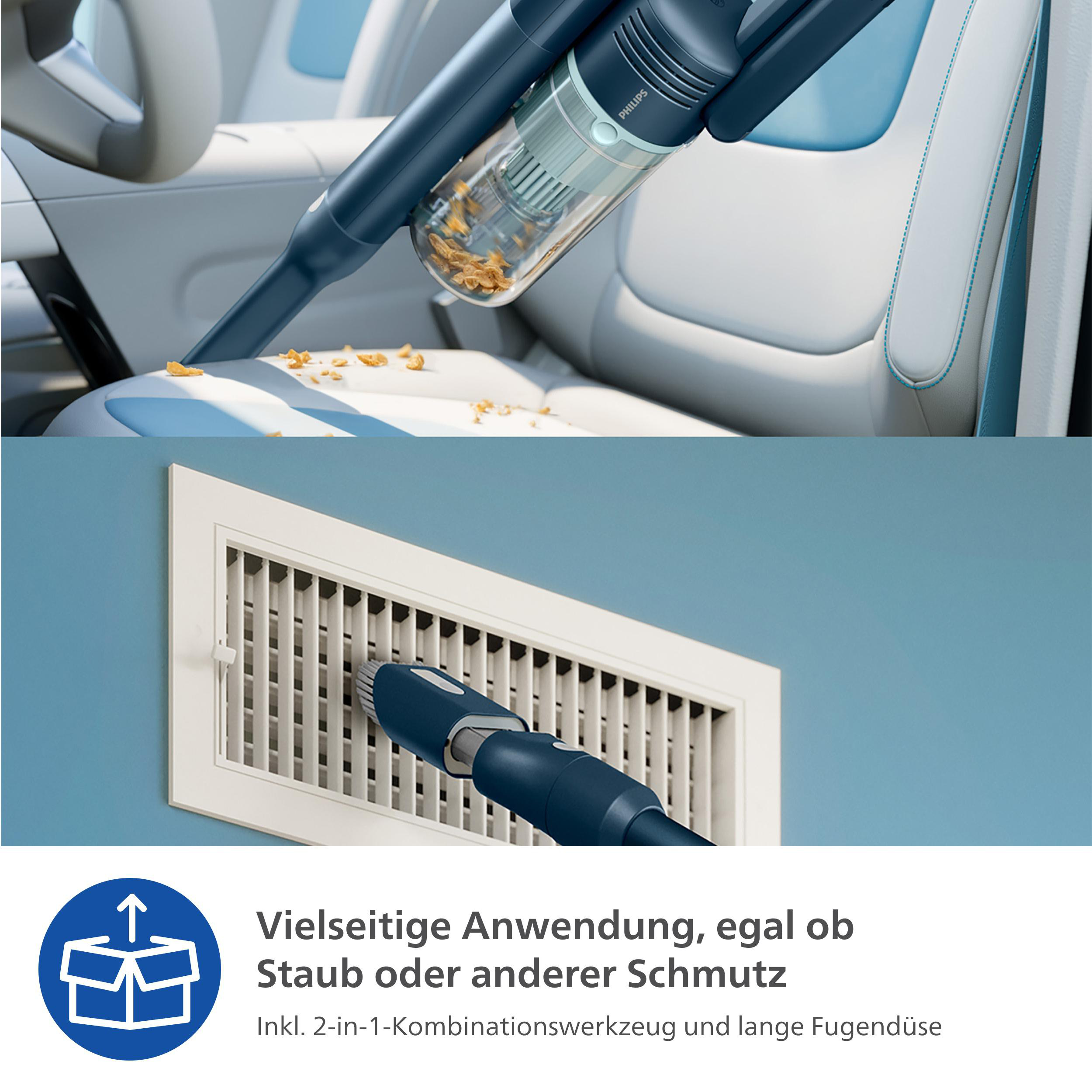 Ein Staubsauger reinigt ein Auto. Das Bild zeigt auch, wie der Staubsauger eine Lüftungsöffnung reinigt.