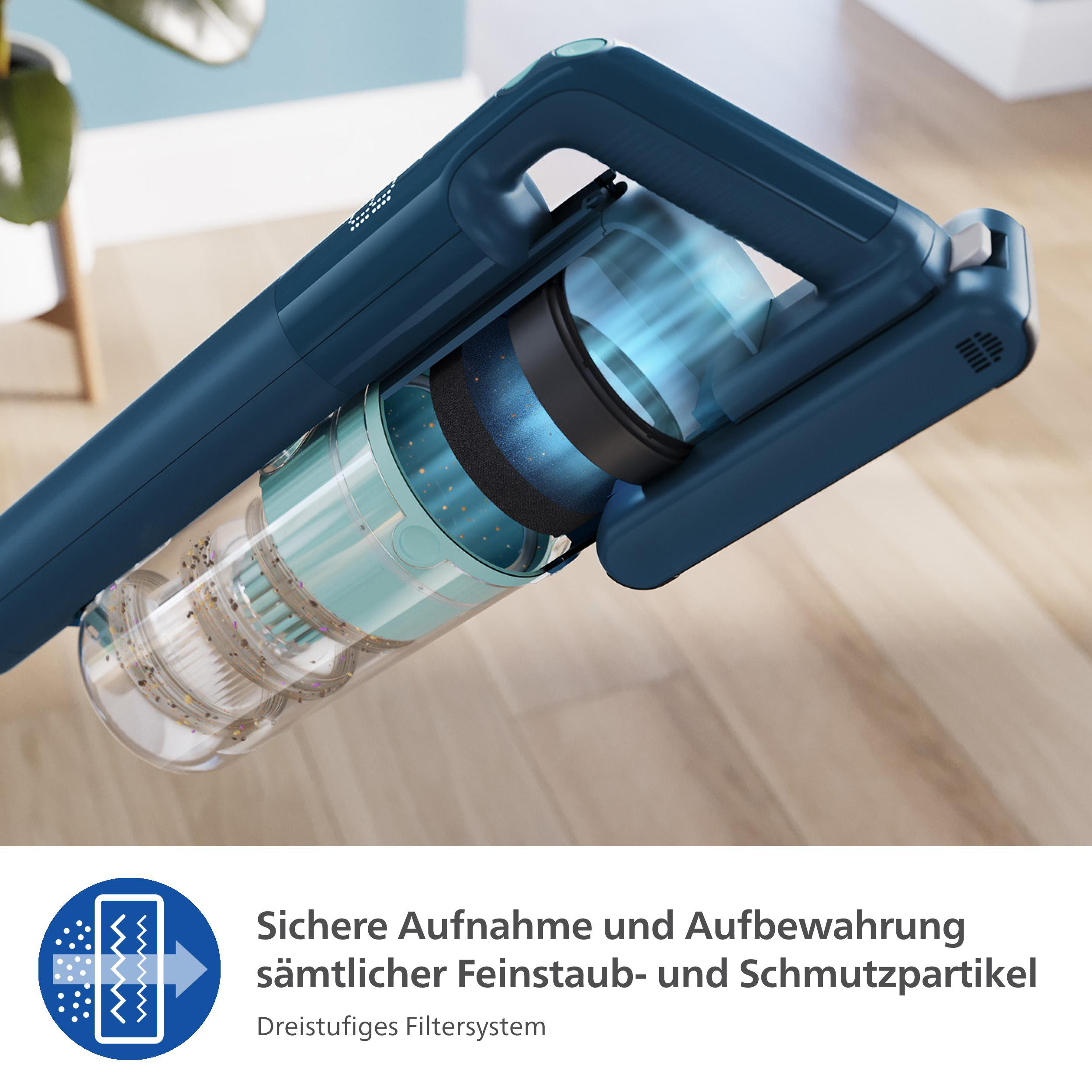 Staubsauger mit transparentem Behälter. Der Text lautet: Dreistufiges Filtersystem.