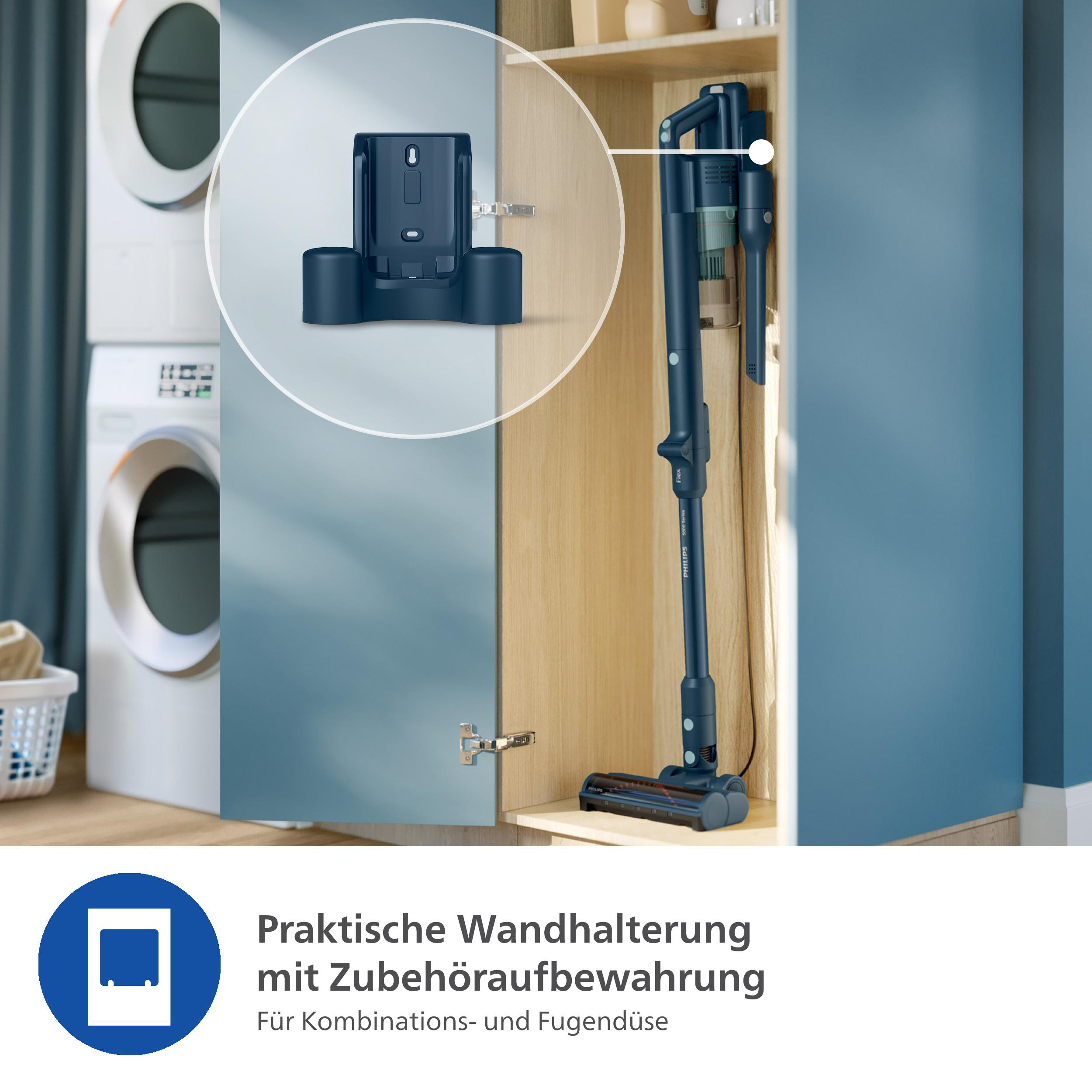 Staubsauger und Ladestation in einem Schrank. Text: "Praktische Wandhalterung".