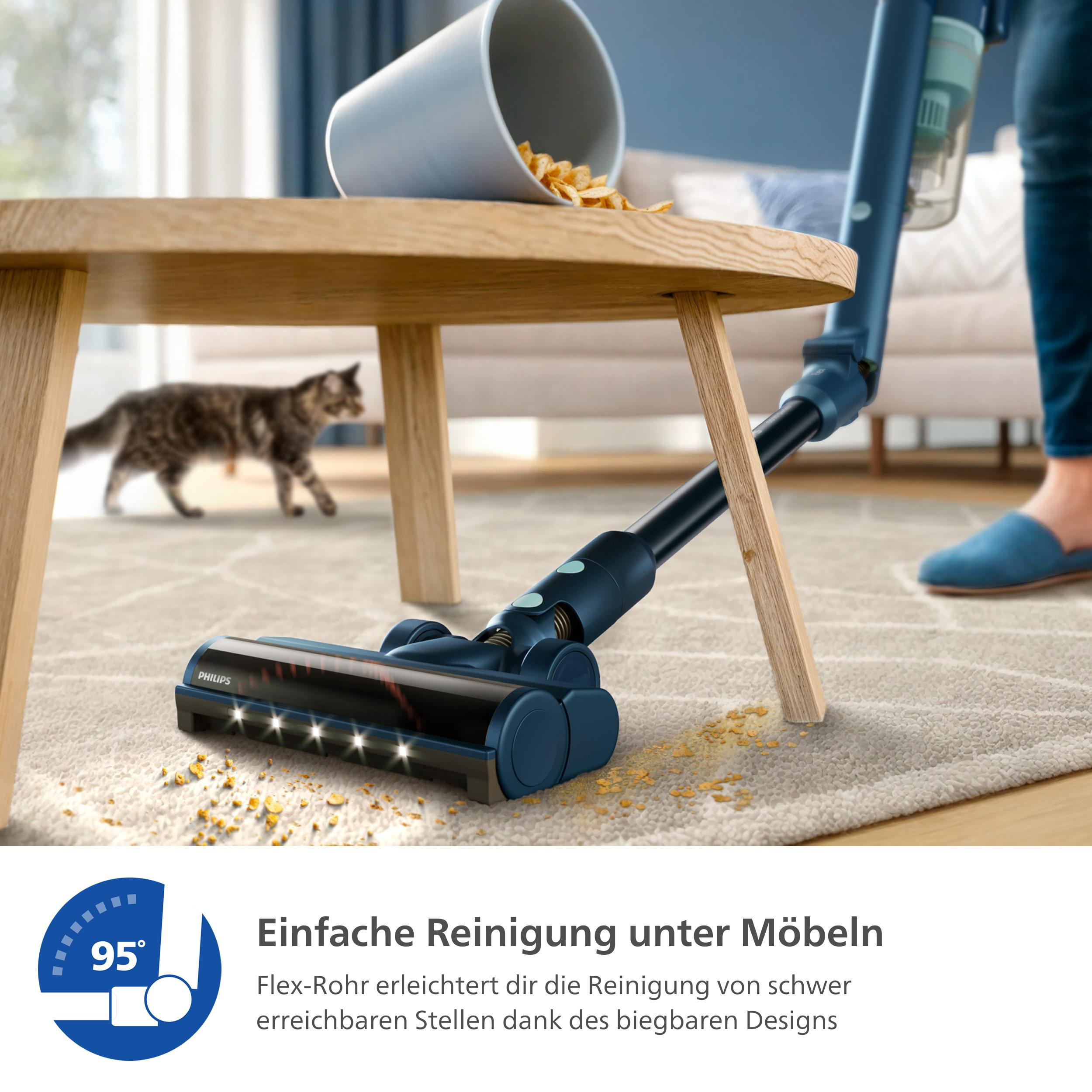 Ein Staubsauger reinigt einen Teppich, Text wirbt für die Reinigung unter Möbeln.