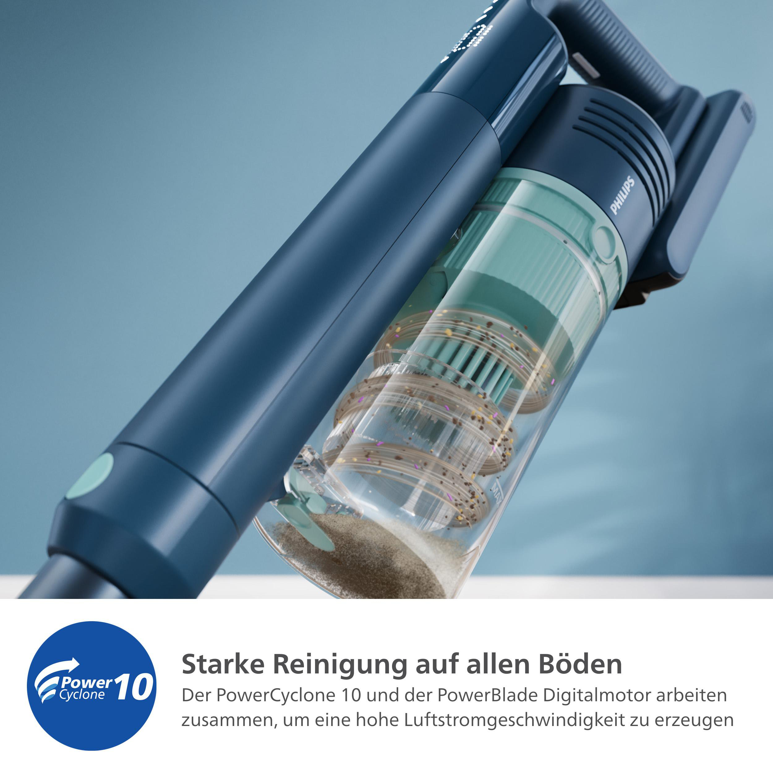 Staubsauger mit Staubbehälter, mit Text über die Reinigung.
