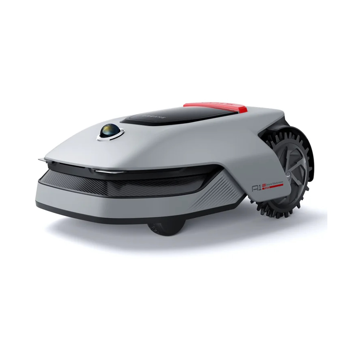 Robot tosaerba grigio e rosso su una superficie bianca.