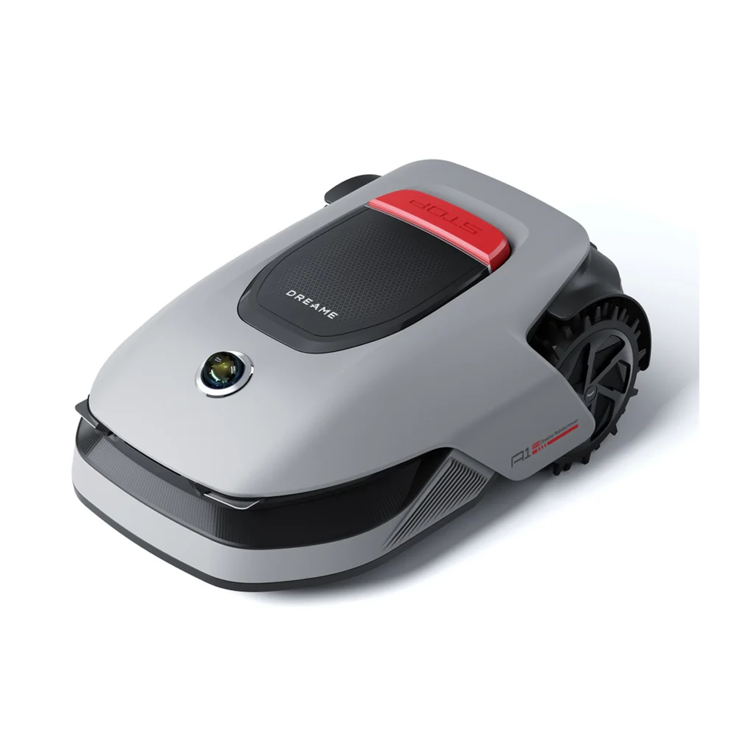Tosaerba robotico grigio con pulsante STOP rosso, su superficie bianca.