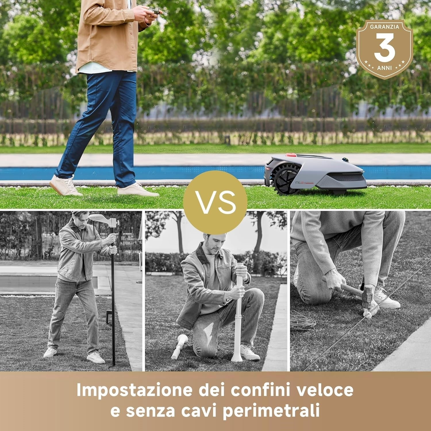 Uomo che imposta un tosaerba, in tre immagini, e un simbolo 'VS'.