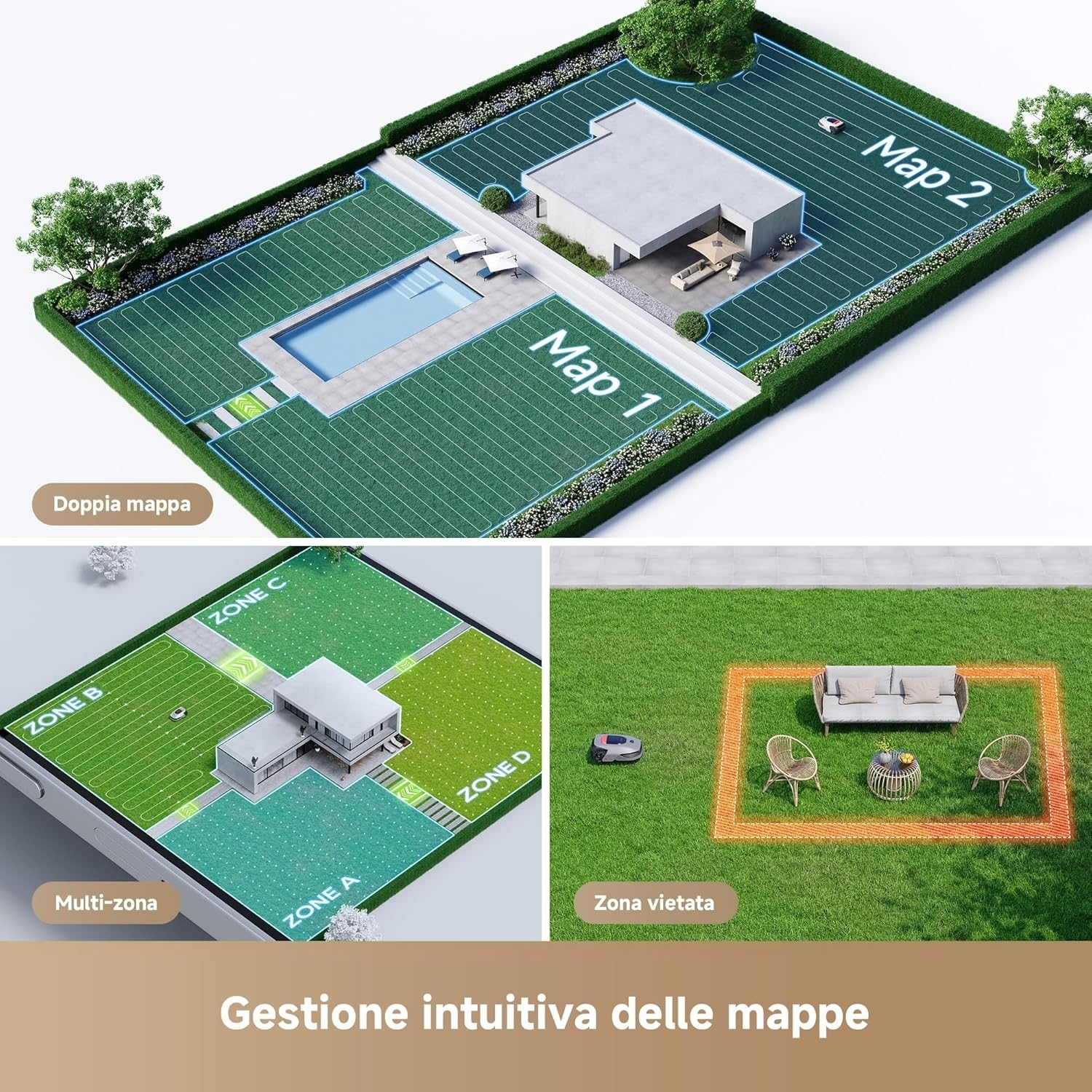 Vista aerea di prato con casa, piscina e robot tagliaerba, con mappe.