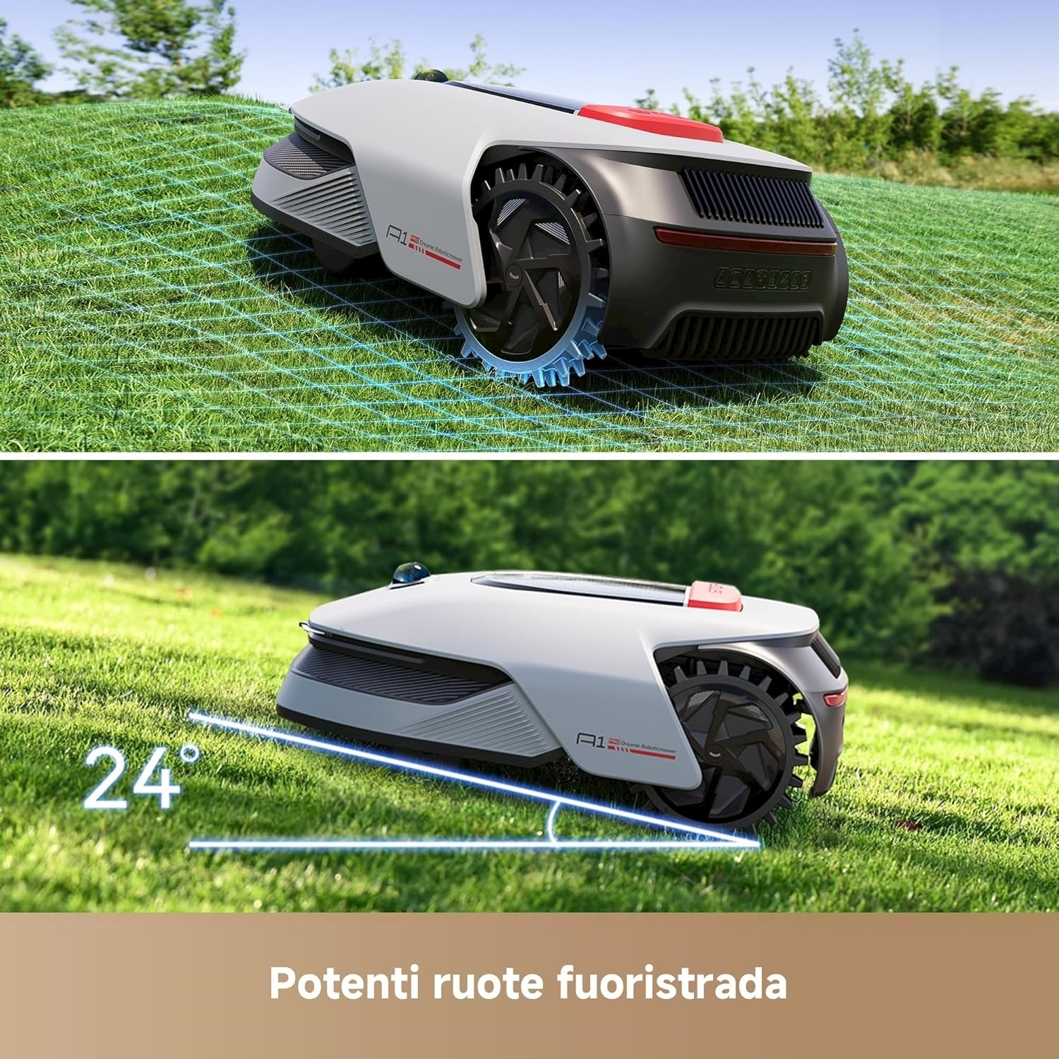 Robot tosaerba su erba, con linea blu che mostra percorso e angolo.