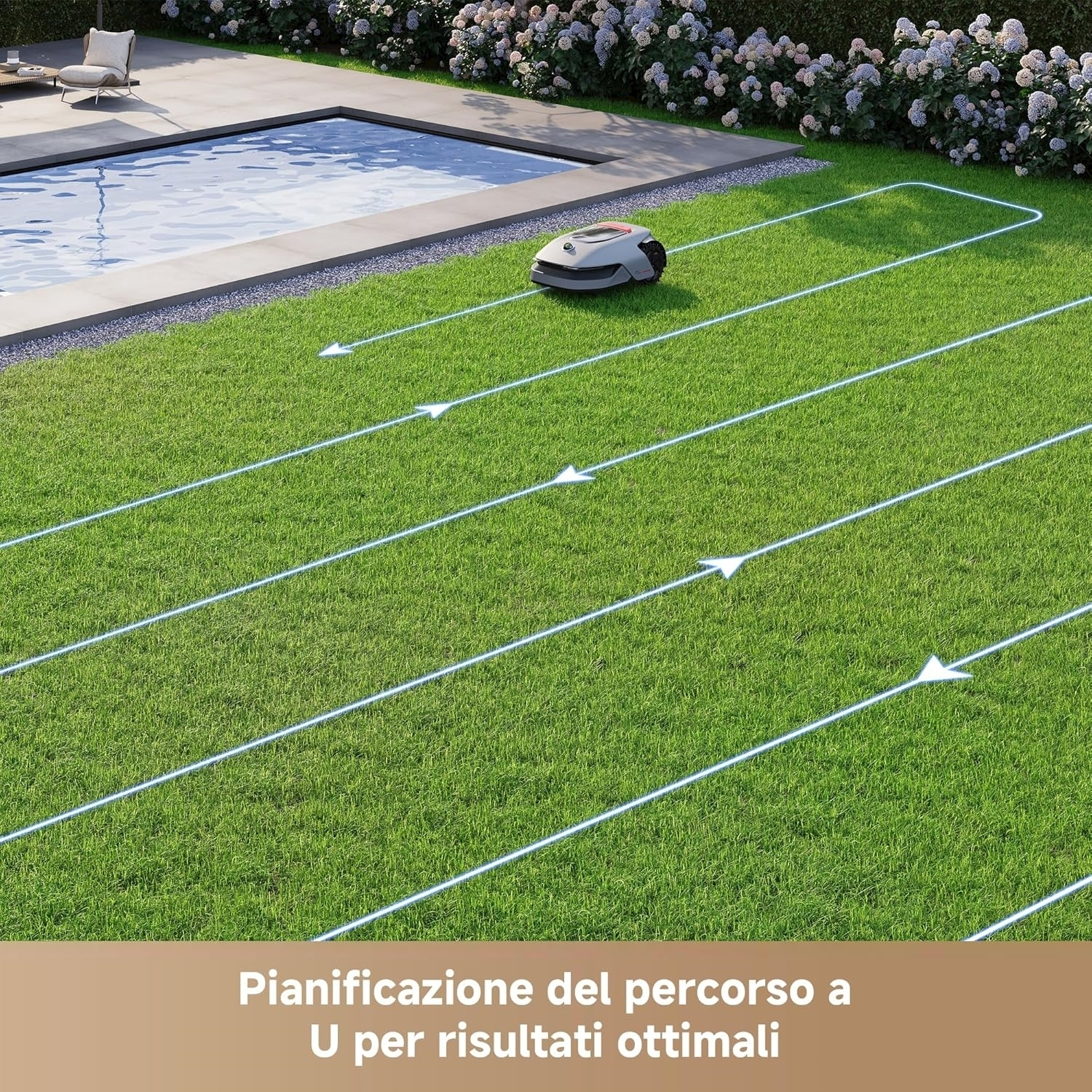 Robot tosaerba che taglia l'erba. Linee bianche indicano il percorso di taglio. Erba verde e scena soleggiata.