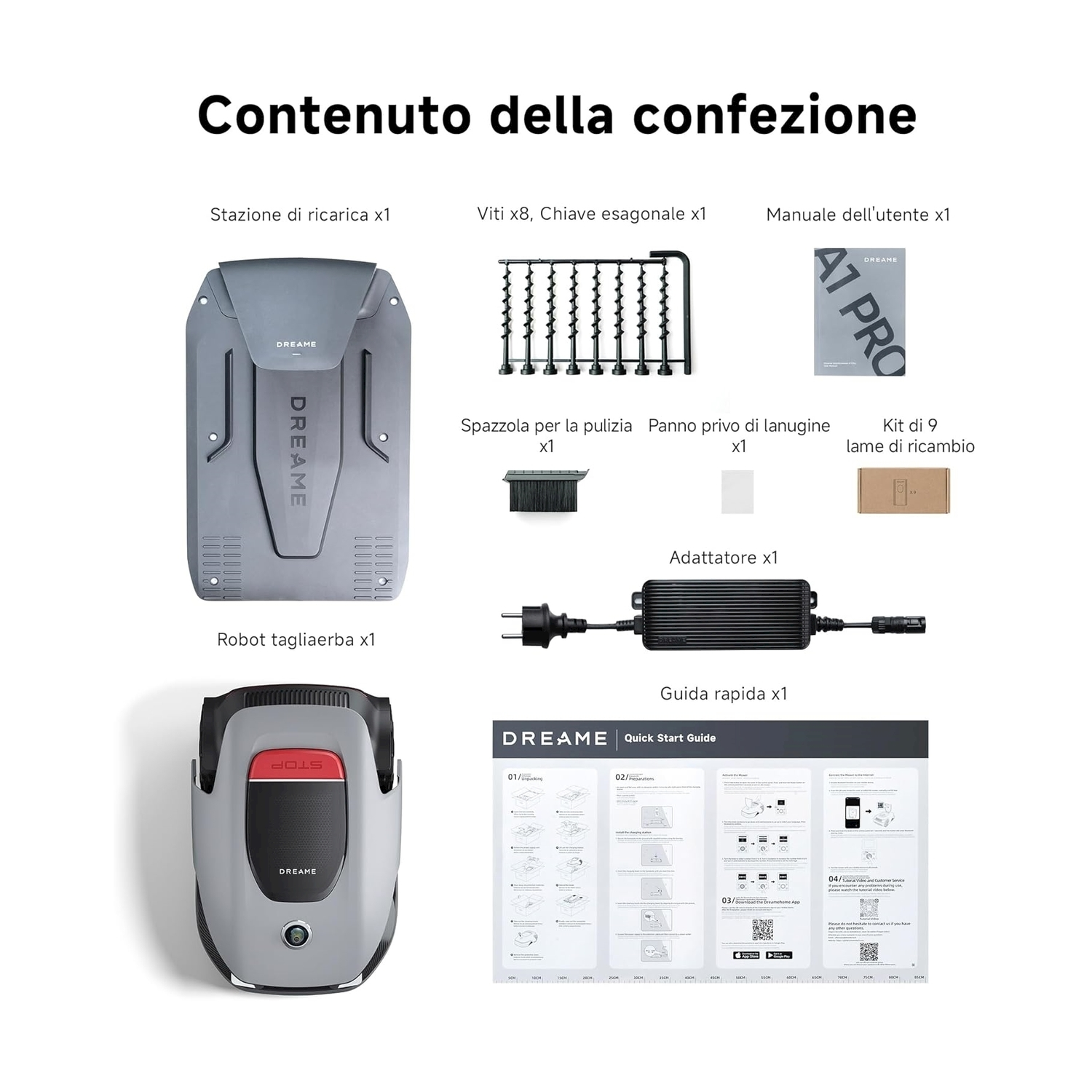 Contenuto della confezione: stazione di ricarica, viti, spazzola, panno, lame e altro.
