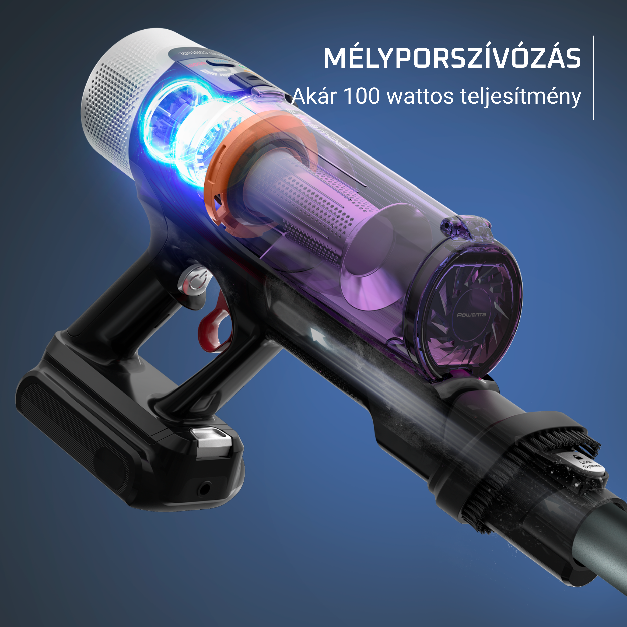 Egy vezeték nélküli porszívó átlátszó portartállyal, belső alkatrészeket mutatva.