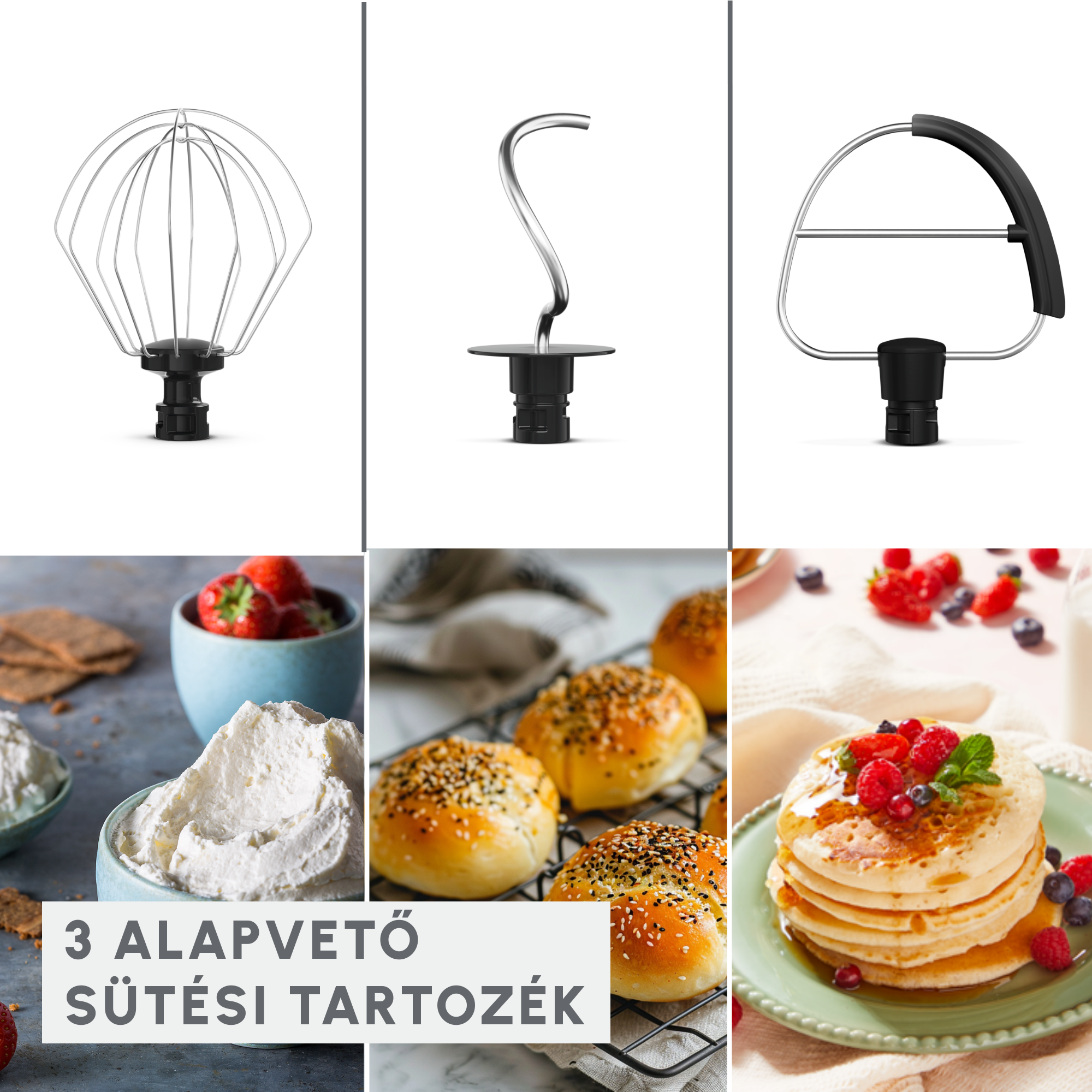 Három sütési tartozék és három kép sütött ételekről, köztük torta és palacsinta.