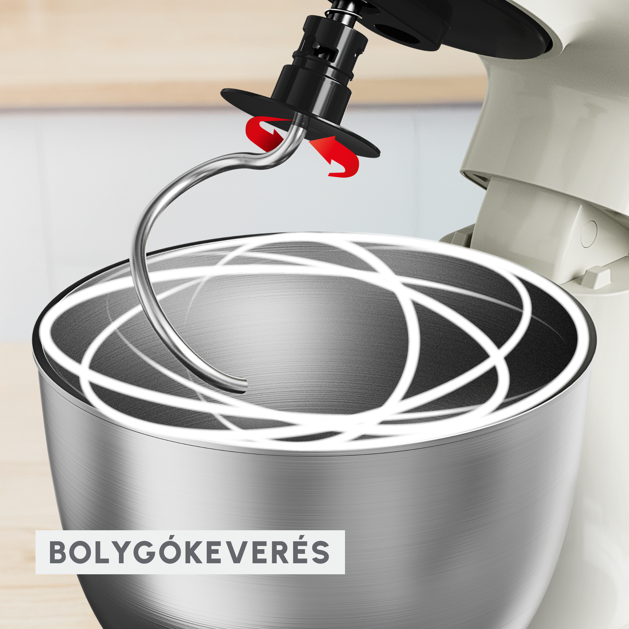 Közelkép a mixer keverőtáljáról és habverőjéről, kör alakú mozgásvonalakkal.