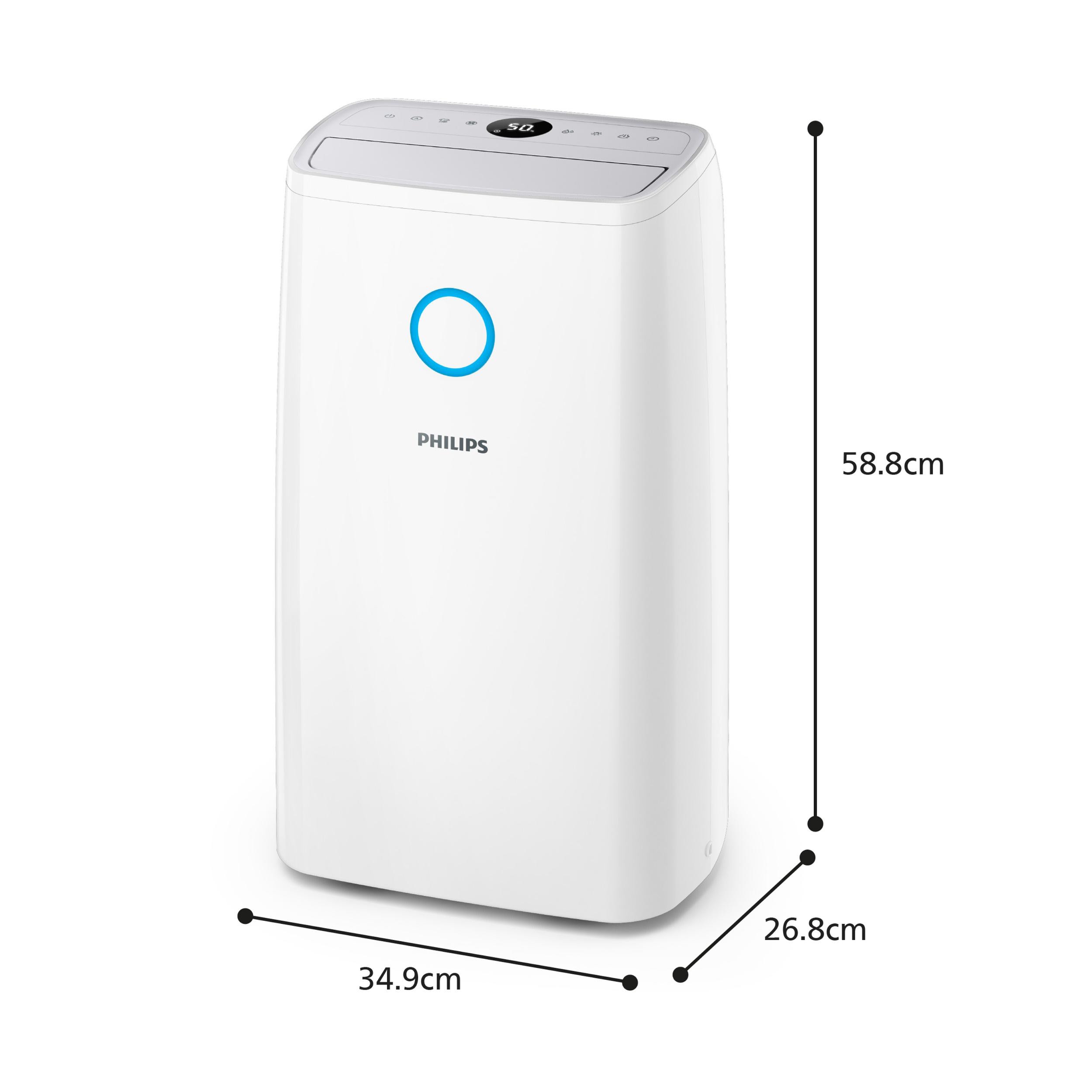 Ein weißer Philips-Luftentfeuchter mit Abmessungen und einem blauen Kreis.