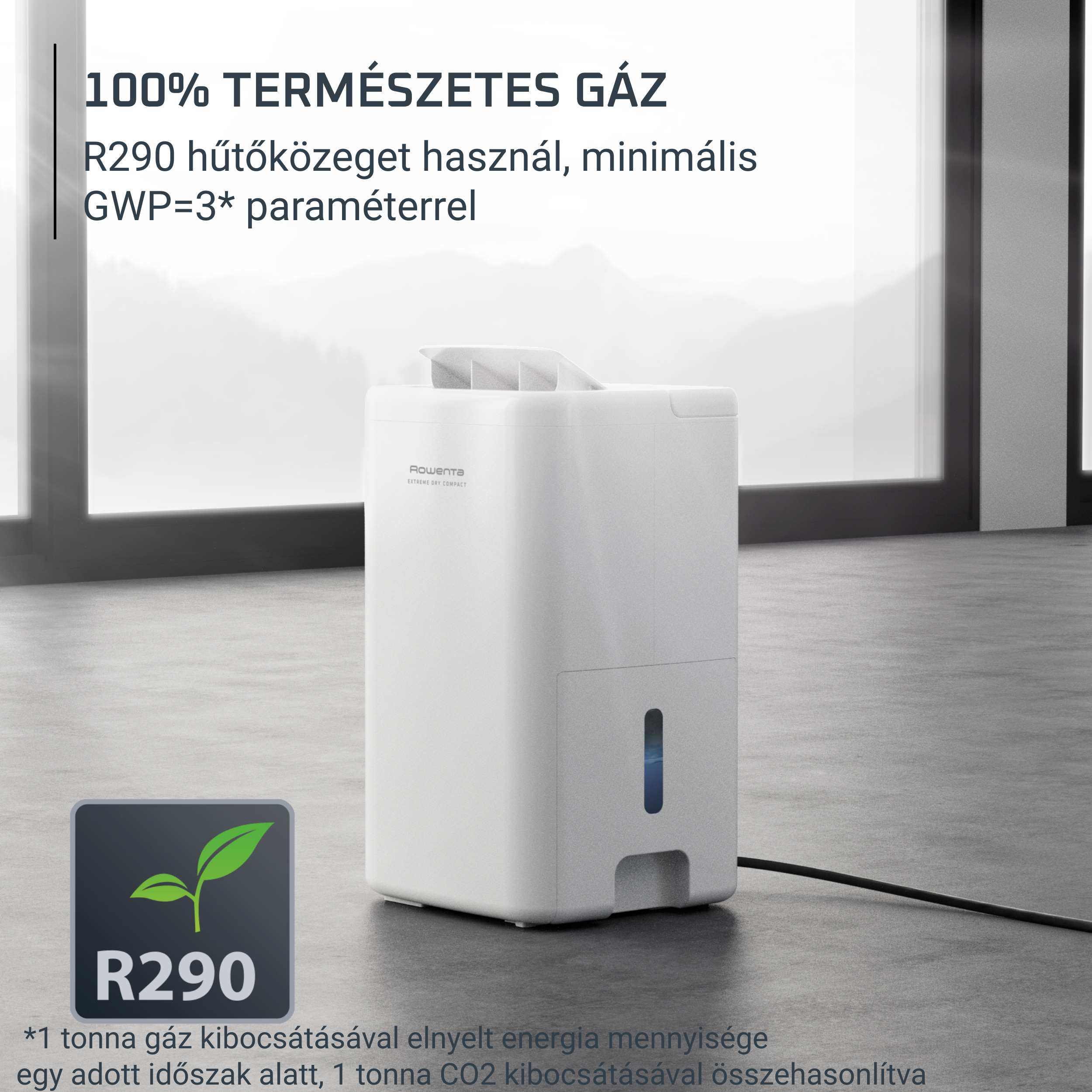 Fehér készülék szöveggel, R290, levél ikonnal, és szöveg az energiáról.