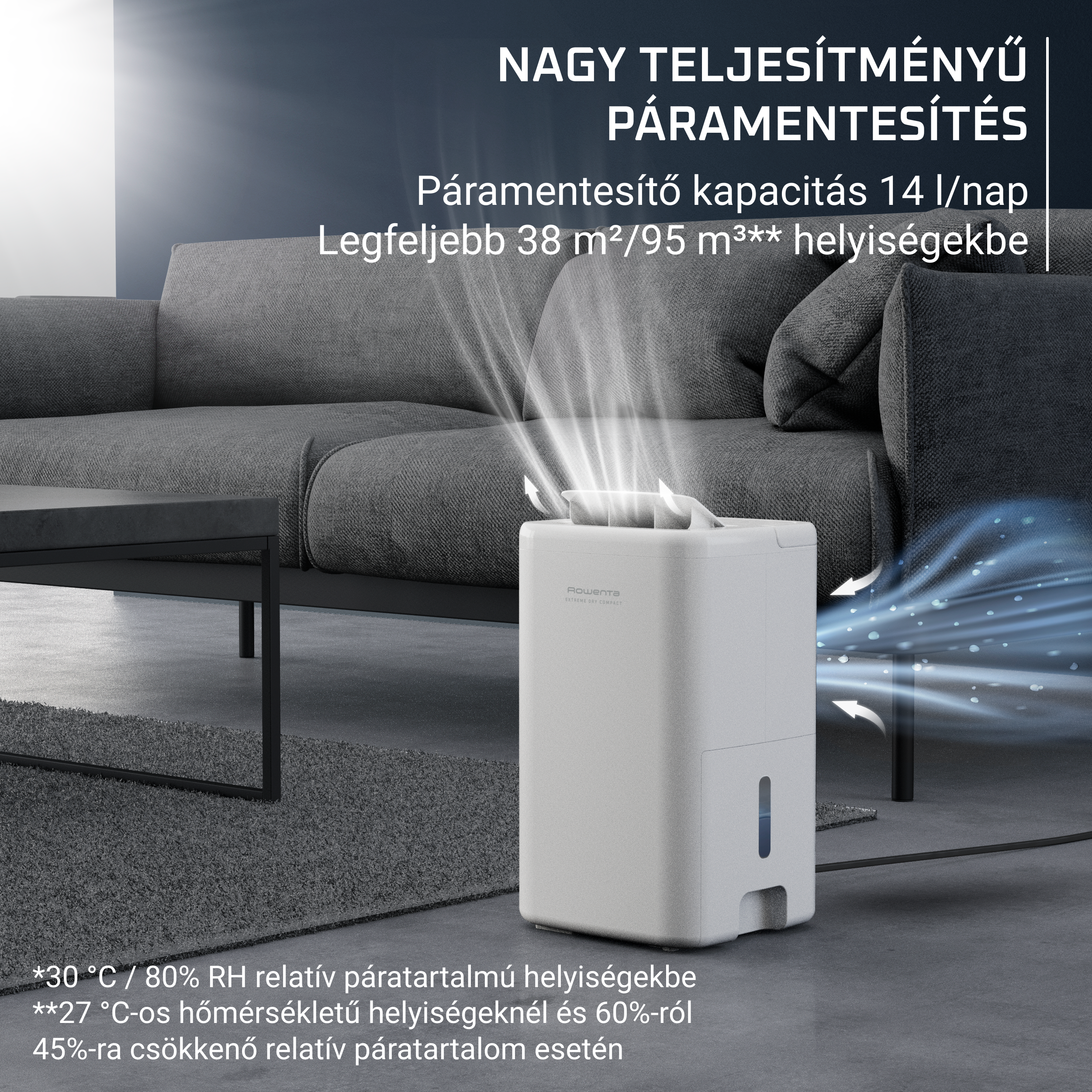 Fehér párátlanító magyar nyelvű szöveggel, egy nappaliban.
