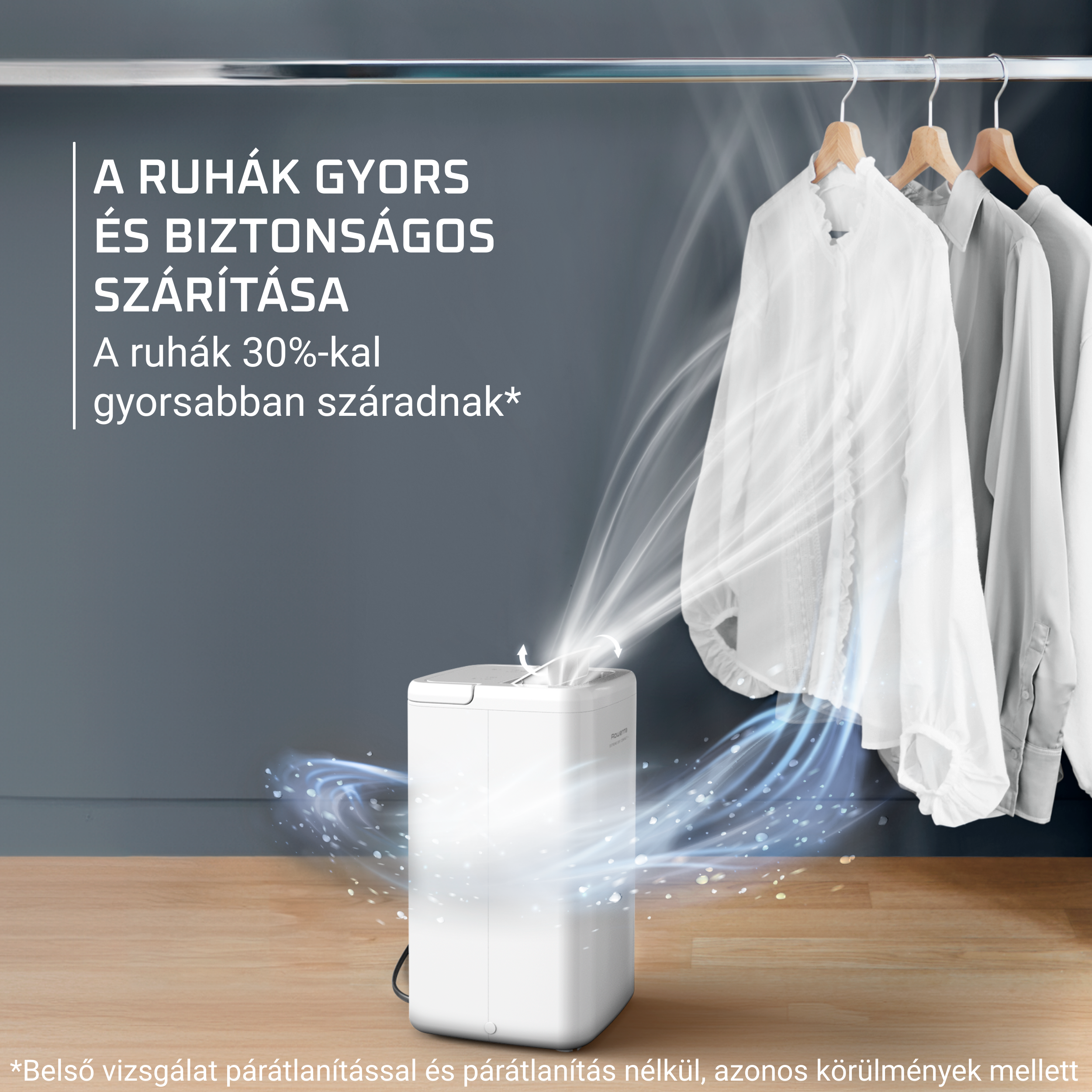 Fehér ruhaszárító, fehér ingekkel. Látható gőz, magyar felirat.