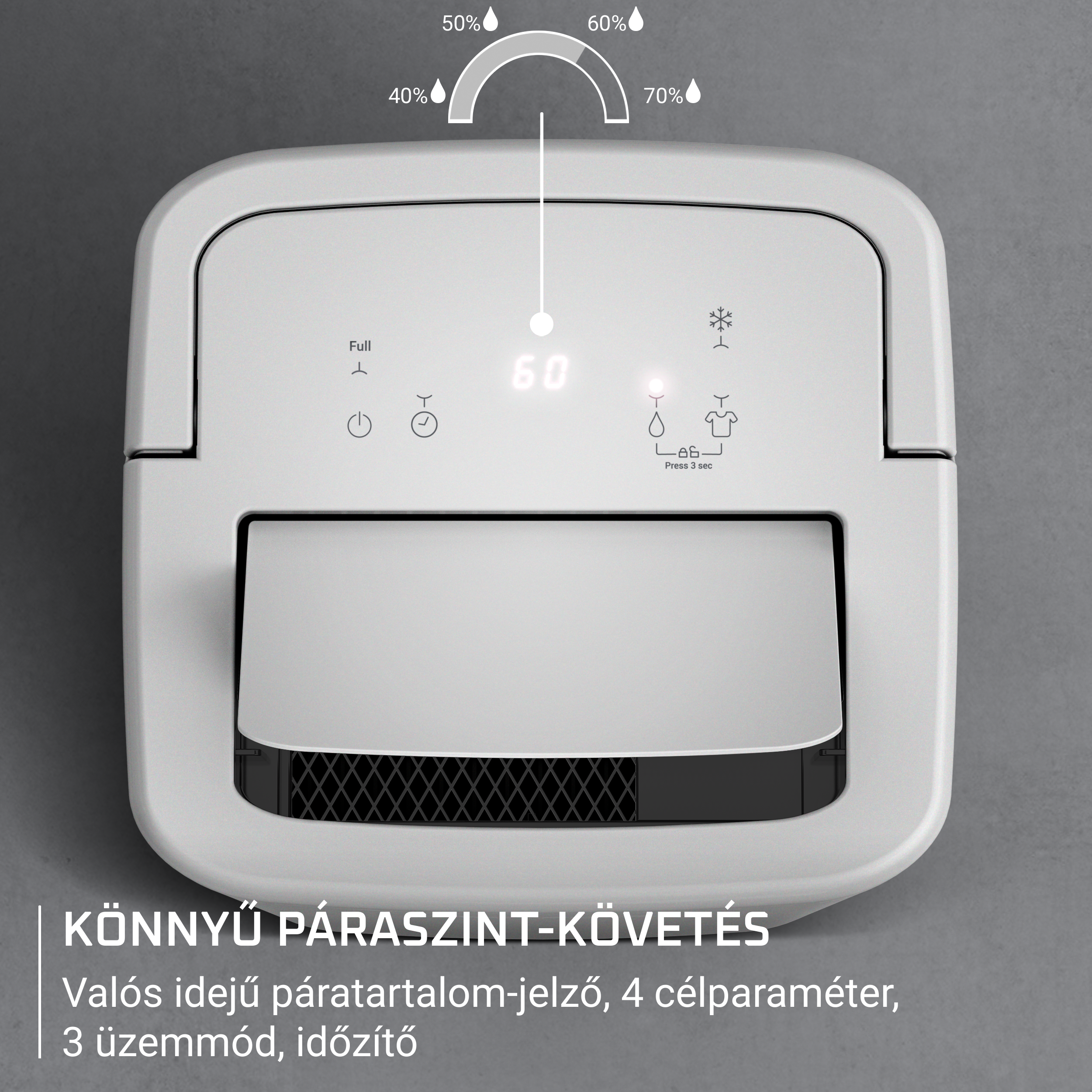 Fehér párátlanító digitális kijelzővel és gombokkal.