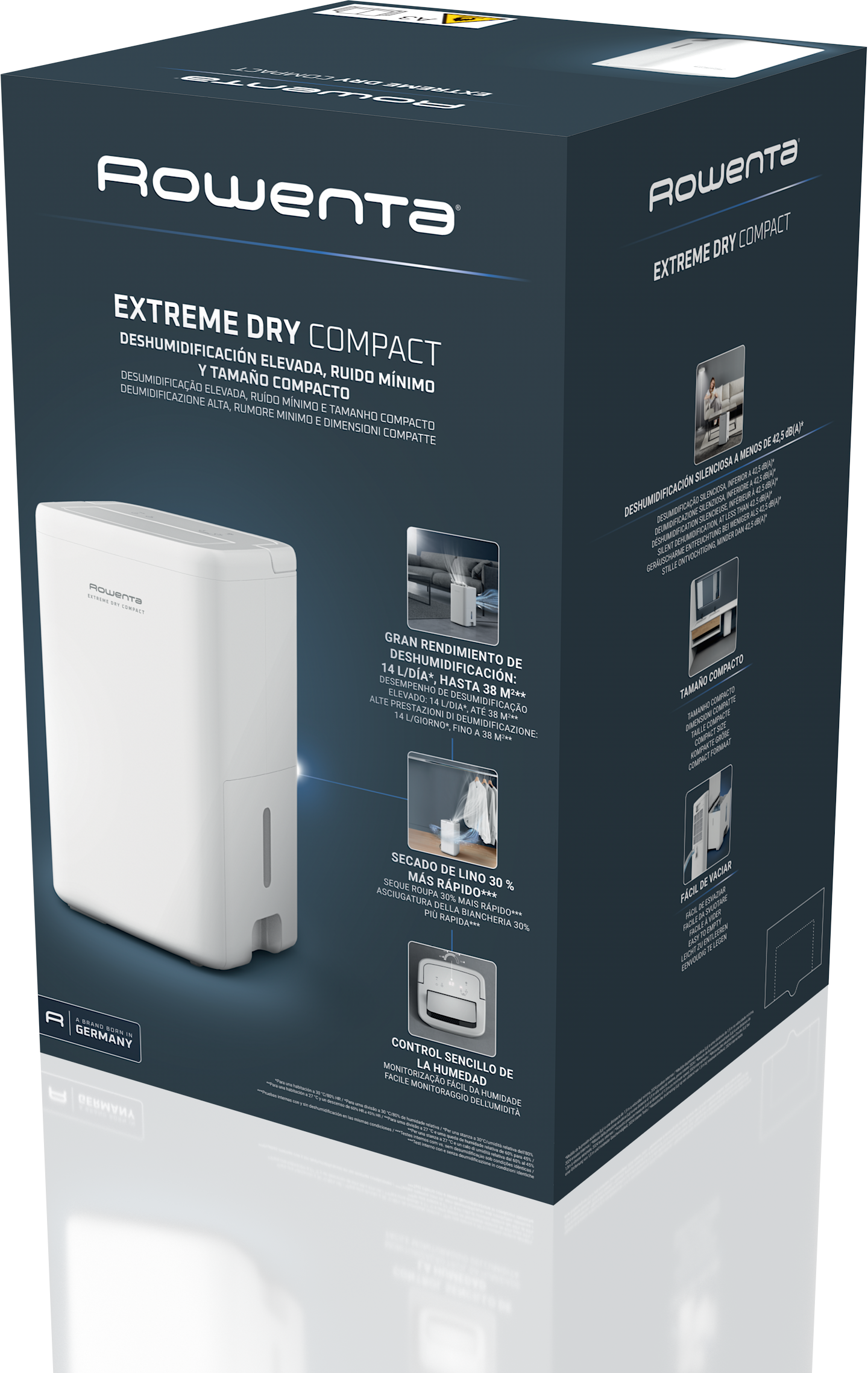 Rowenta Extreme Dry Compact párátlanító doboza, fehér eszköz képe, információs szöveg.