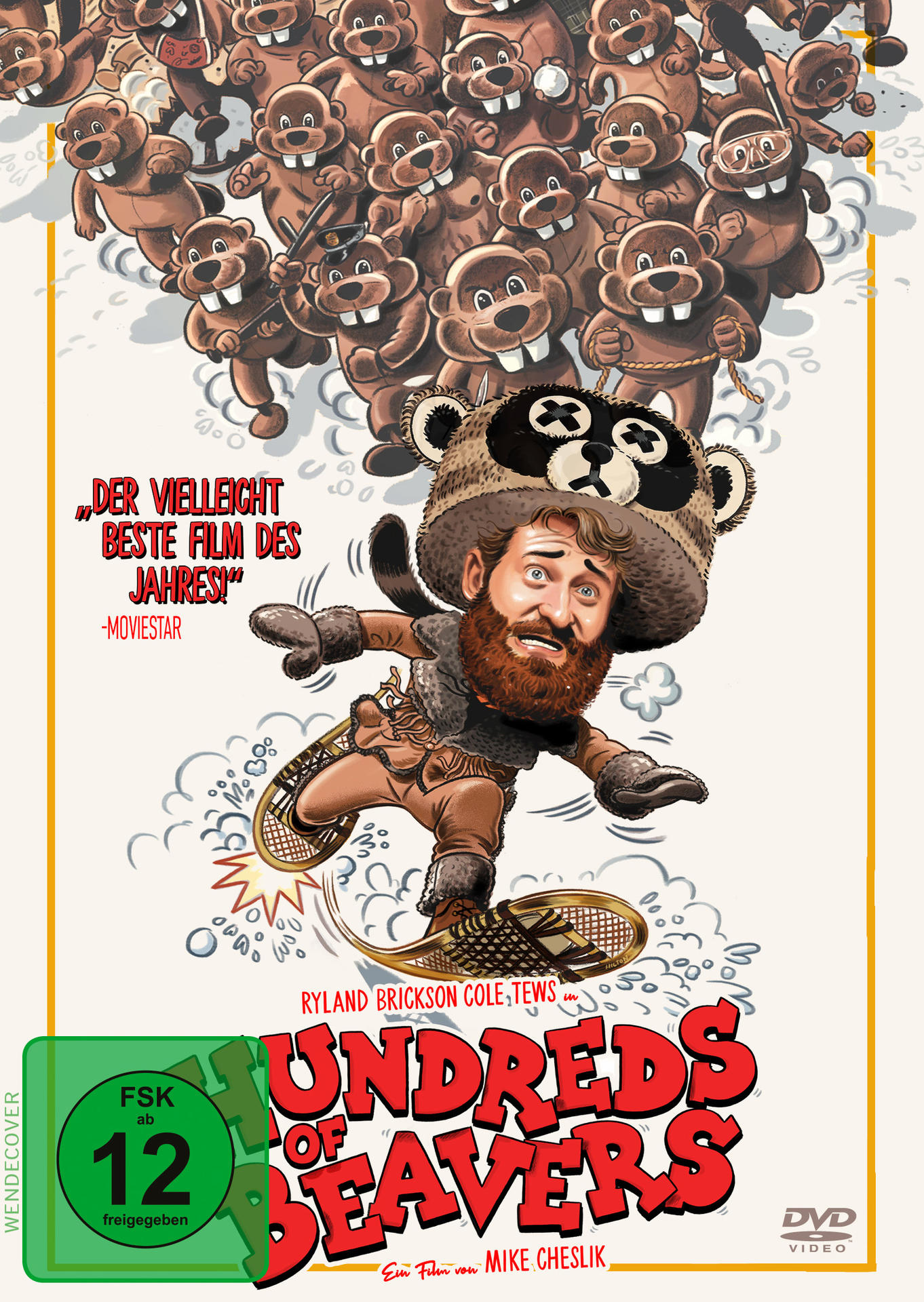 Hundreds of Beavers DVD-Cover. Cartoonbild eines Mannes mit Bärenhut. Weißer Hintergrund.