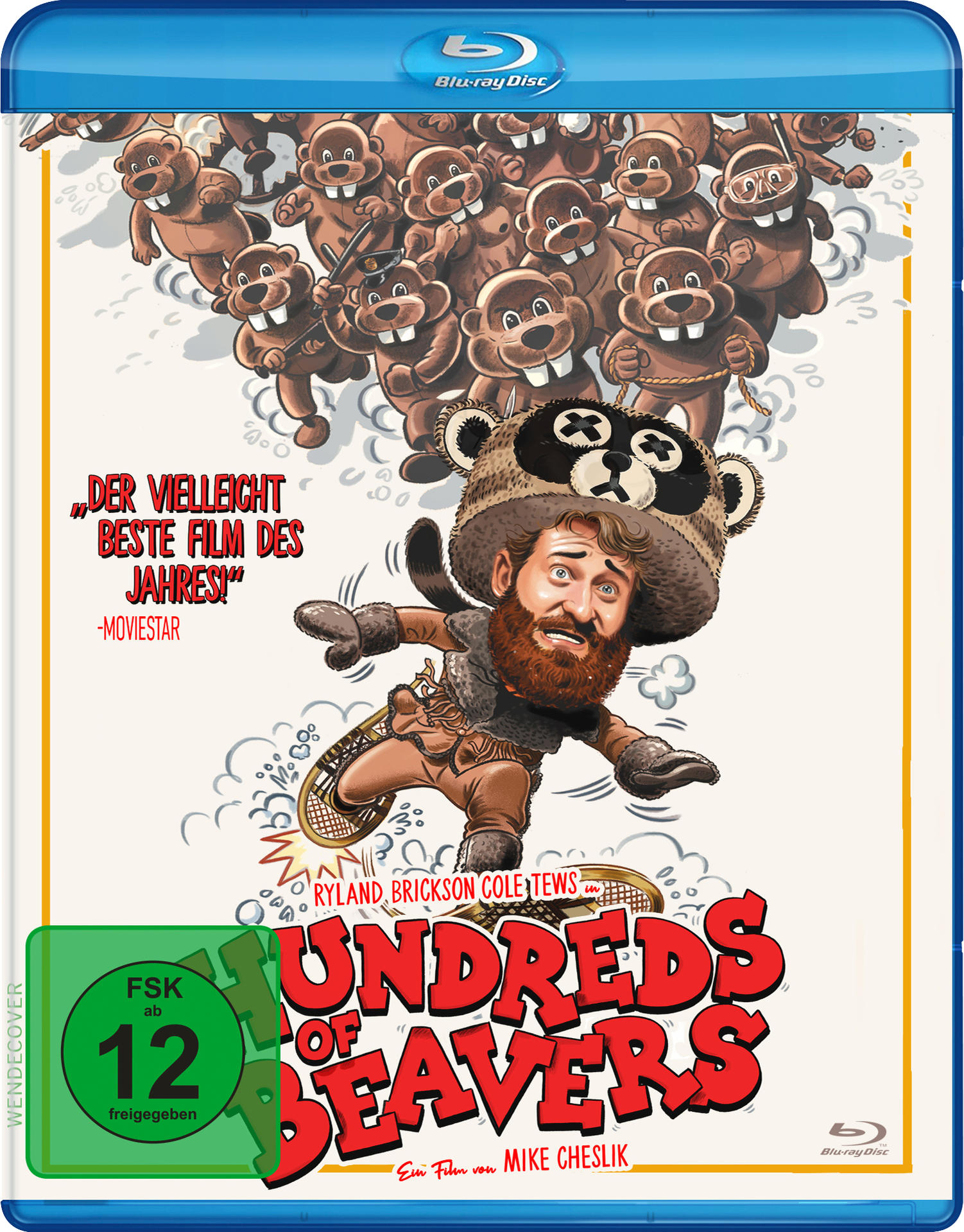Hundreds of Beavers Blu-ray Cover, Cartoon-Stil, Biber-Hut-Mann, stürzt. Weißer Hintergrund.