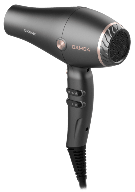 Czarna suszarka do włosów z różowo-złotym akcentem. Ukośnie w prawo na przezroczystym tle.