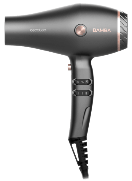 Szara suszarka do włosów ze złotymi akcentami, czarny przewód i etykieta 'BAMBA'.