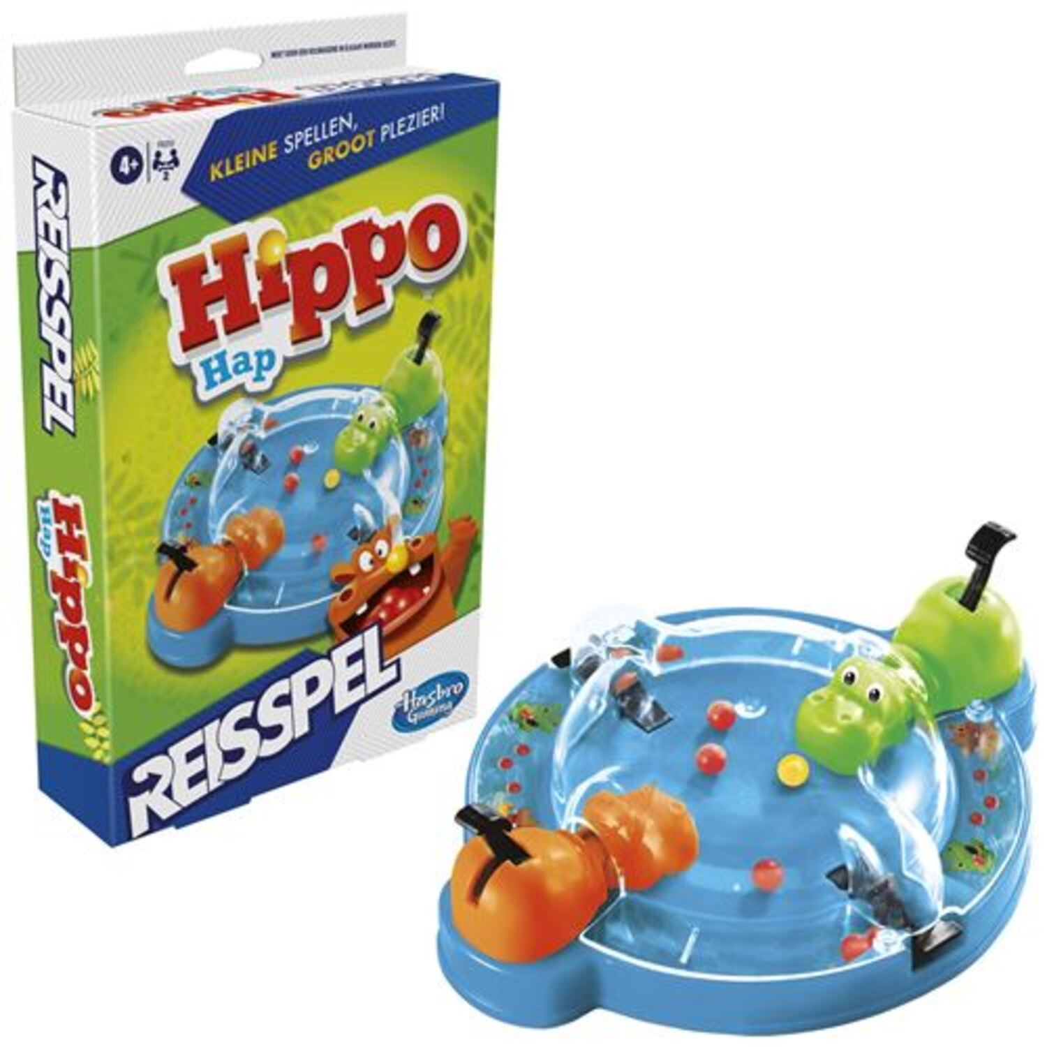 A board game box and game, blue board, orange and green hippos, red balls.