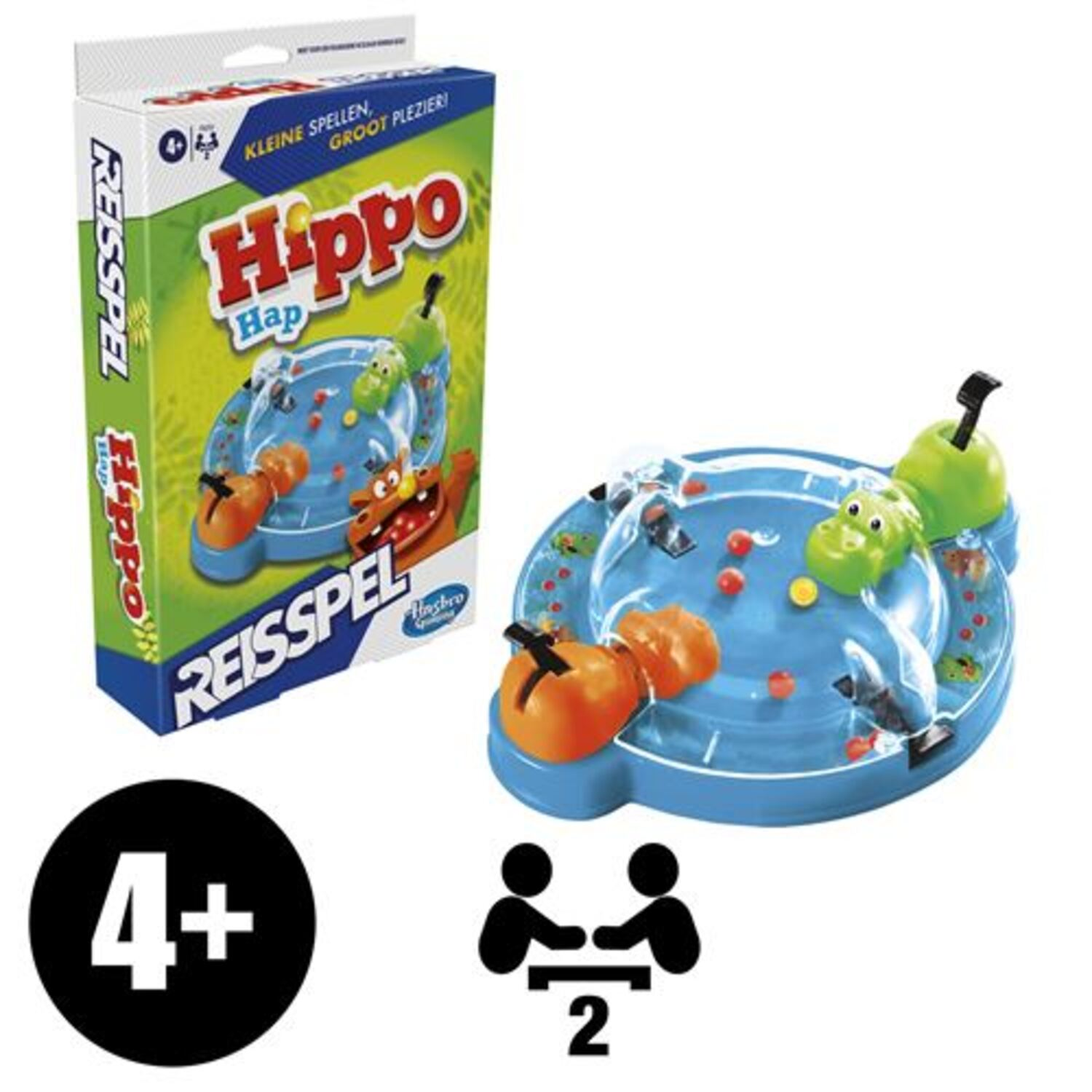 Hippo Hap game box and game. The box shows the game and the logo. 4+ and two people icons are shown.