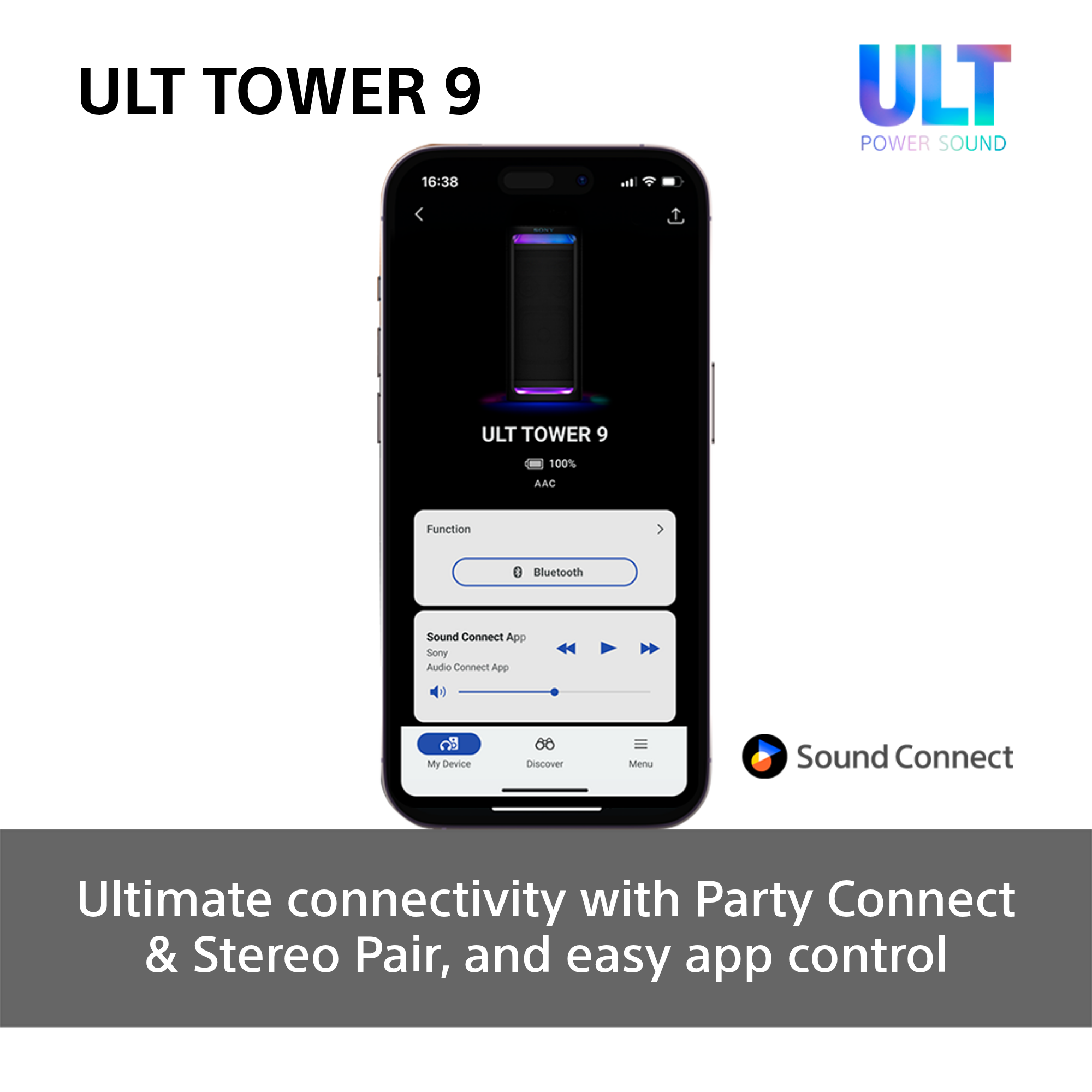 Uno smartphone che mostra l'interfaccia di controllo di un altoparlante. Il testo dice 'ULT TOWER 9'.