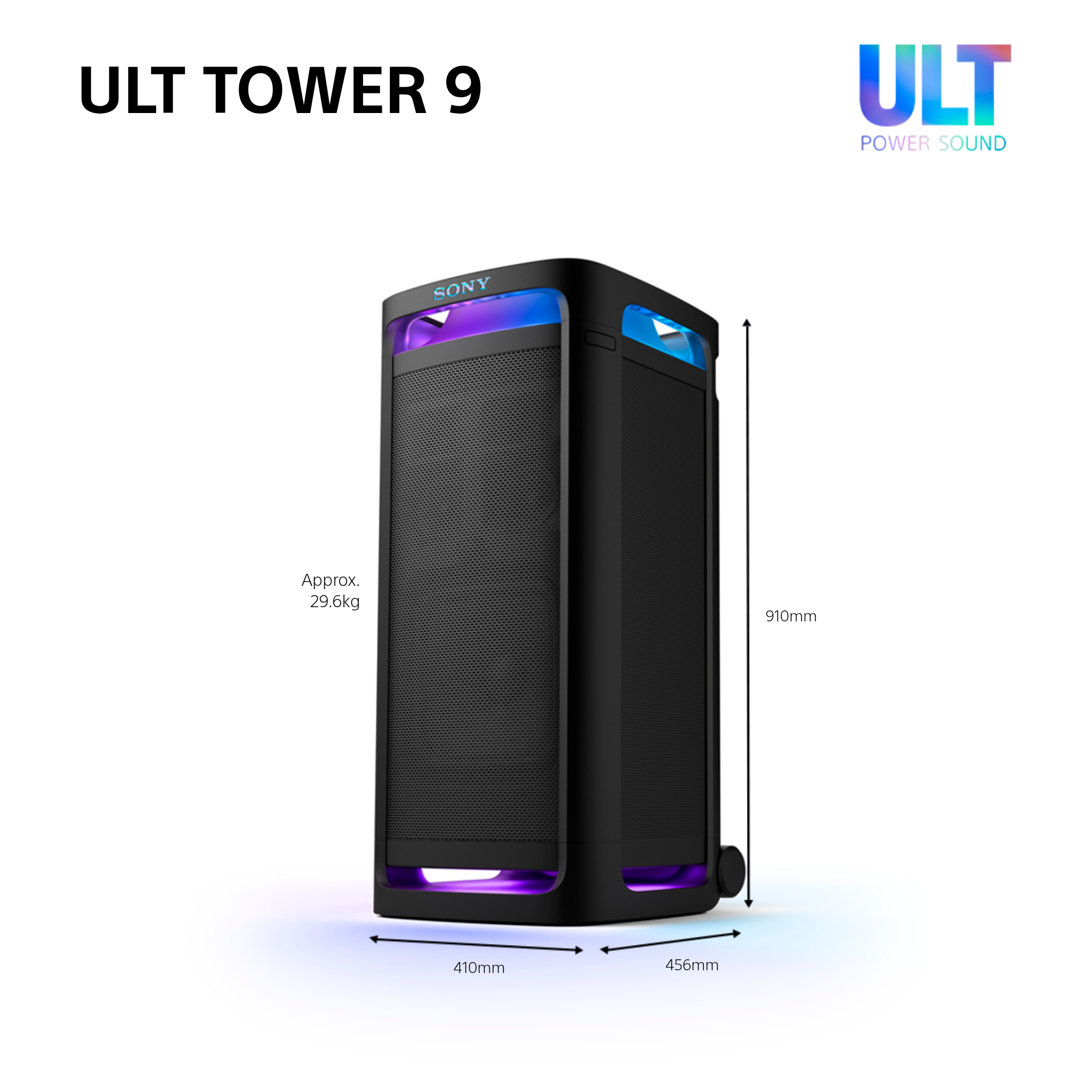 Altoparlante nero Sony ULT TOWER 9 con luci e dimensioni indicate.