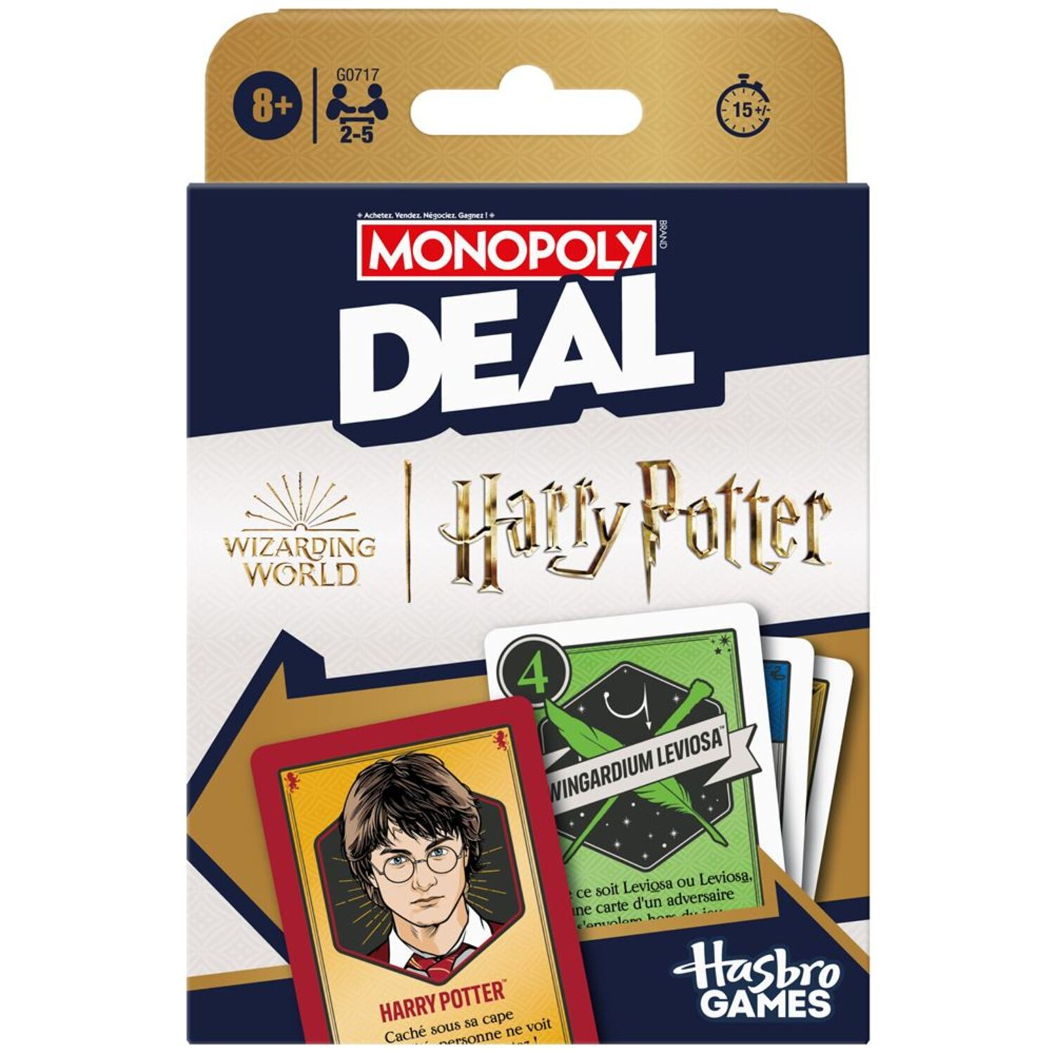 Monopoly Deal Harry Potter game box with cards and the 'Hasbro Games' logo.