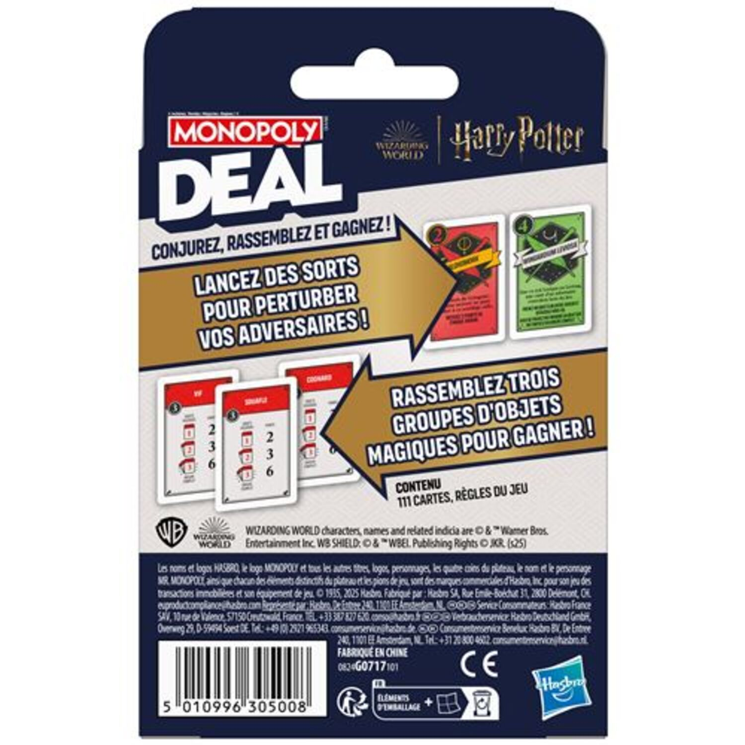 Back of a Monopoly Deal Harry Potter card game box. Text in French, with cards shown.