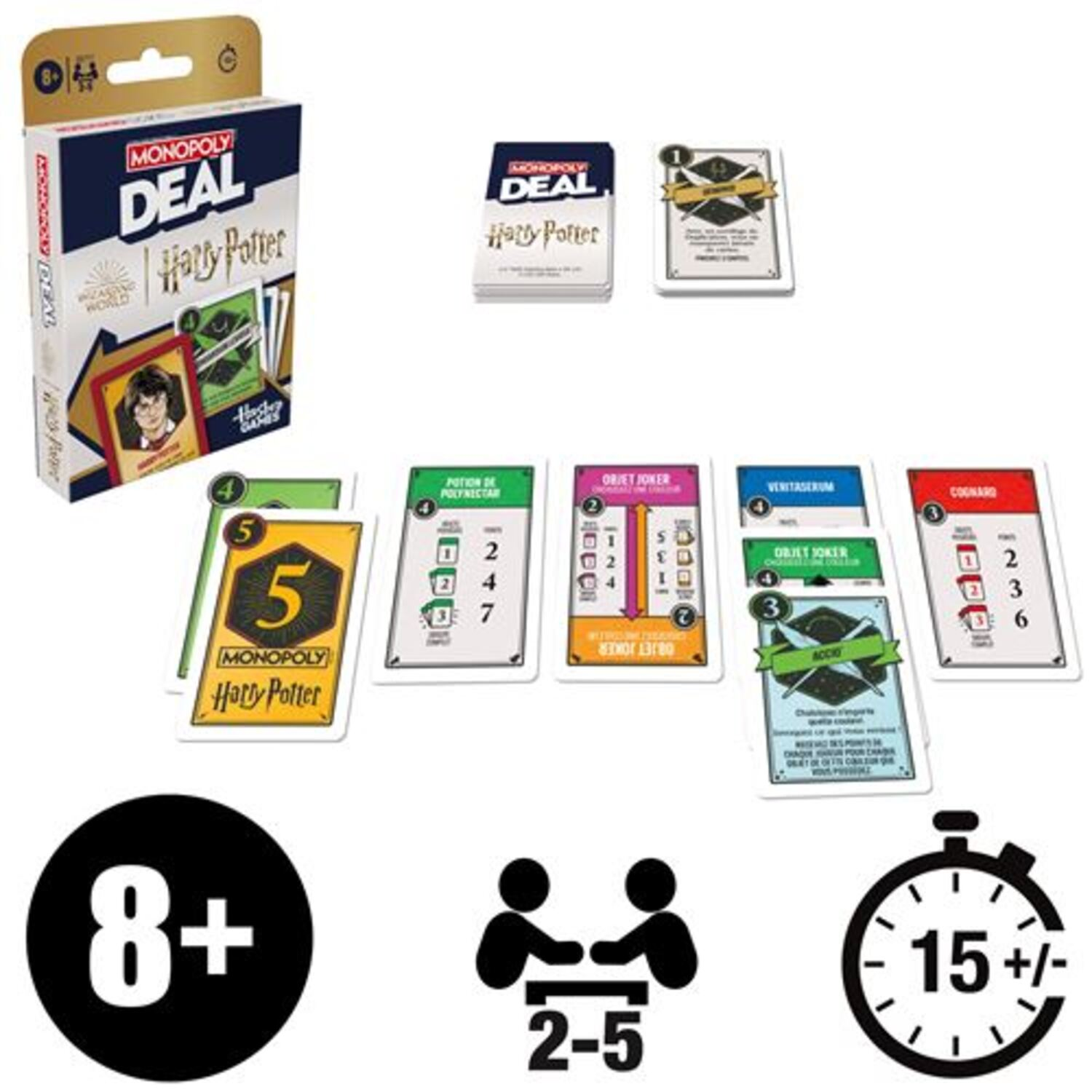 Monopoly Deal game box and cards on a white surface. 