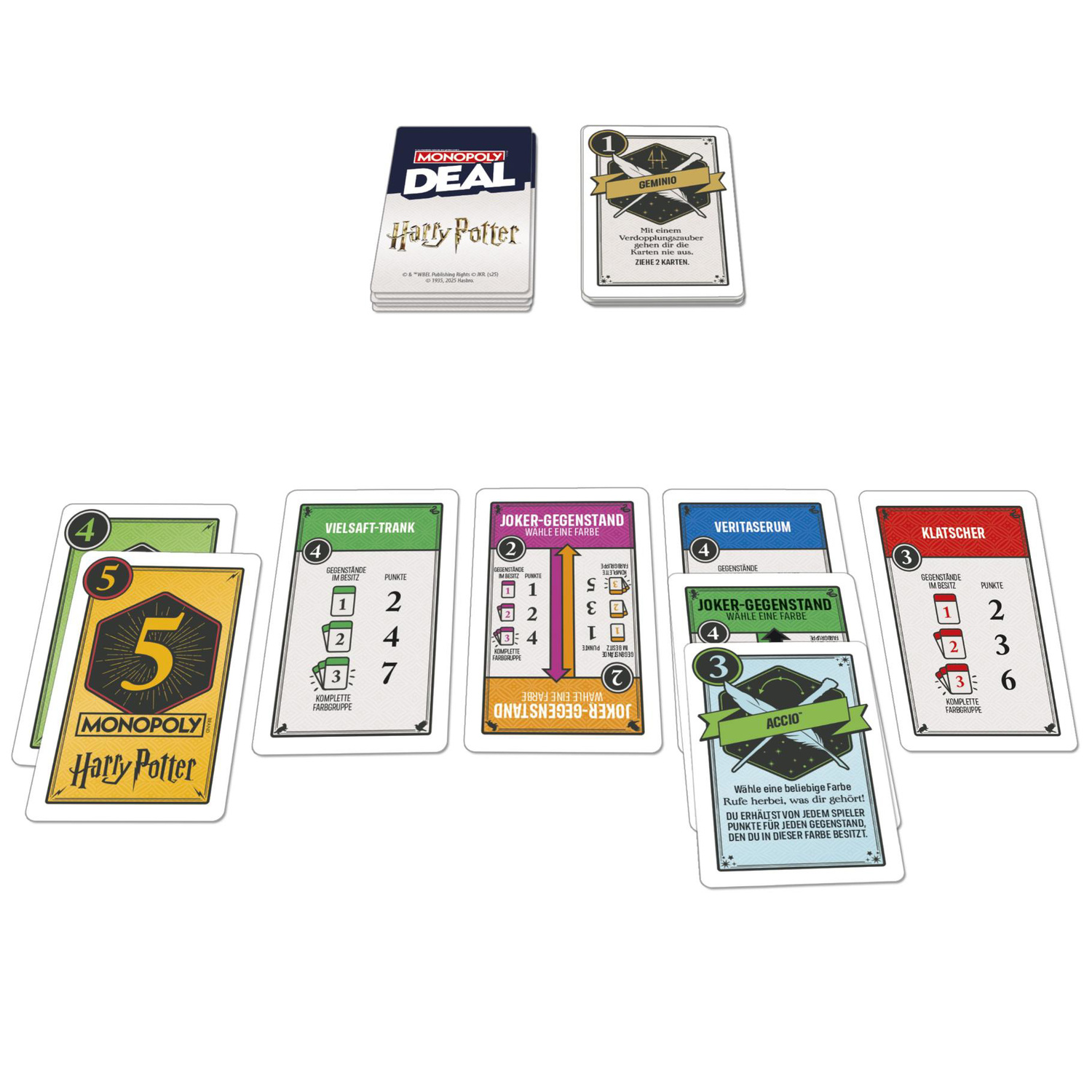 Monopoly Harry Potter game cards, various colors and designs. Deck of cards on the top.