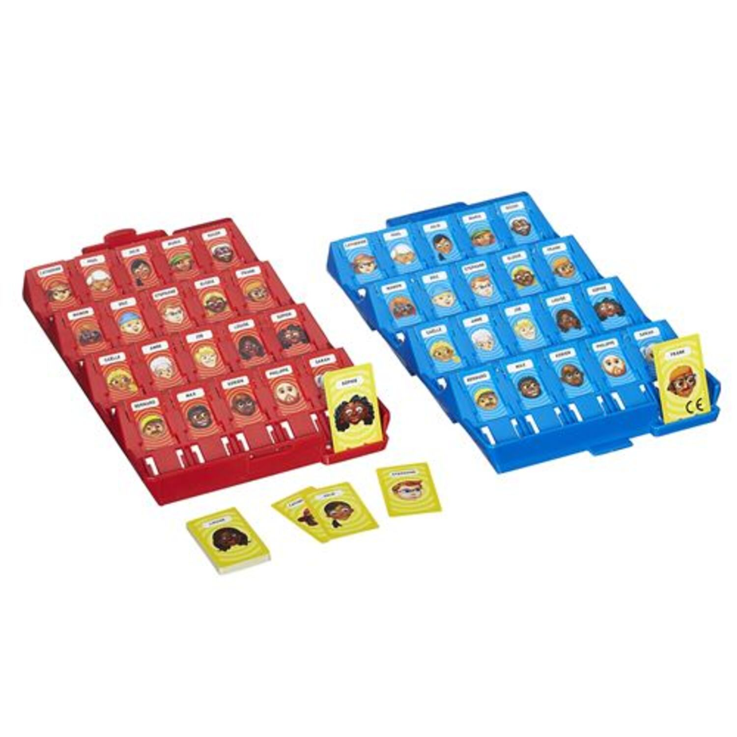 Guess Who? board game set with red and blue game boards and cards.