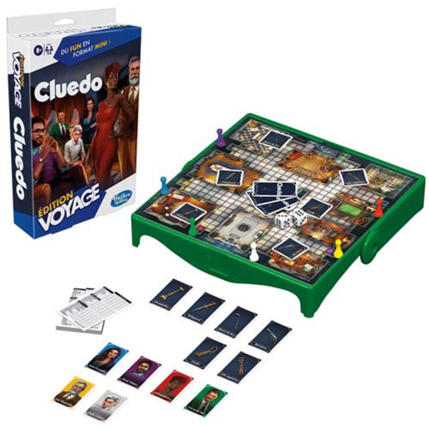 Cluedo board game with game pieces, cards, and a box. The box features game characters.