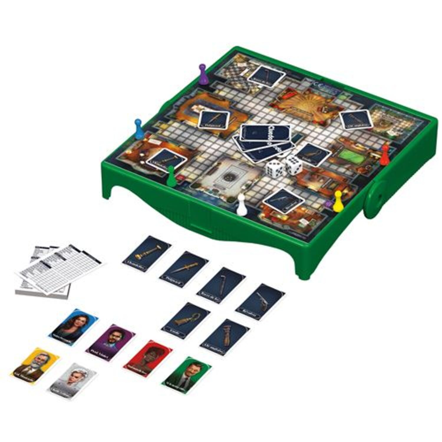 A Cluedo board game, with pieces, cards, dice, and a green game board in the center.
