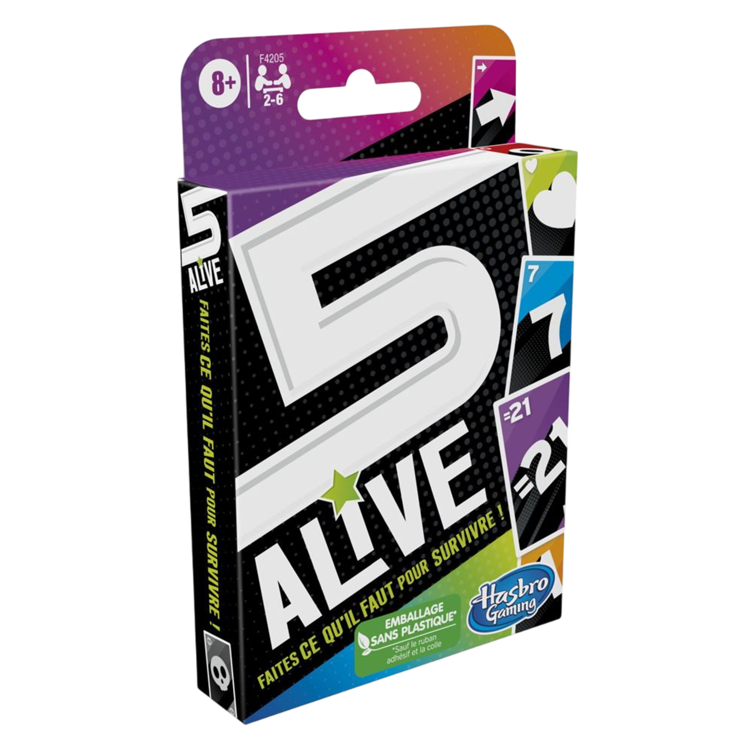 Doos van het kaartspel 5 Alive, met gedurfde graphics en tekst. De doos staat op een zwarte achtergrond.