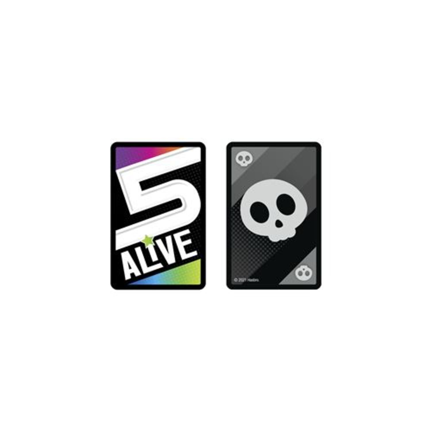 Twee kaarten met de tekst "5 ALIVE" en een schedel. Witte achtergrond.