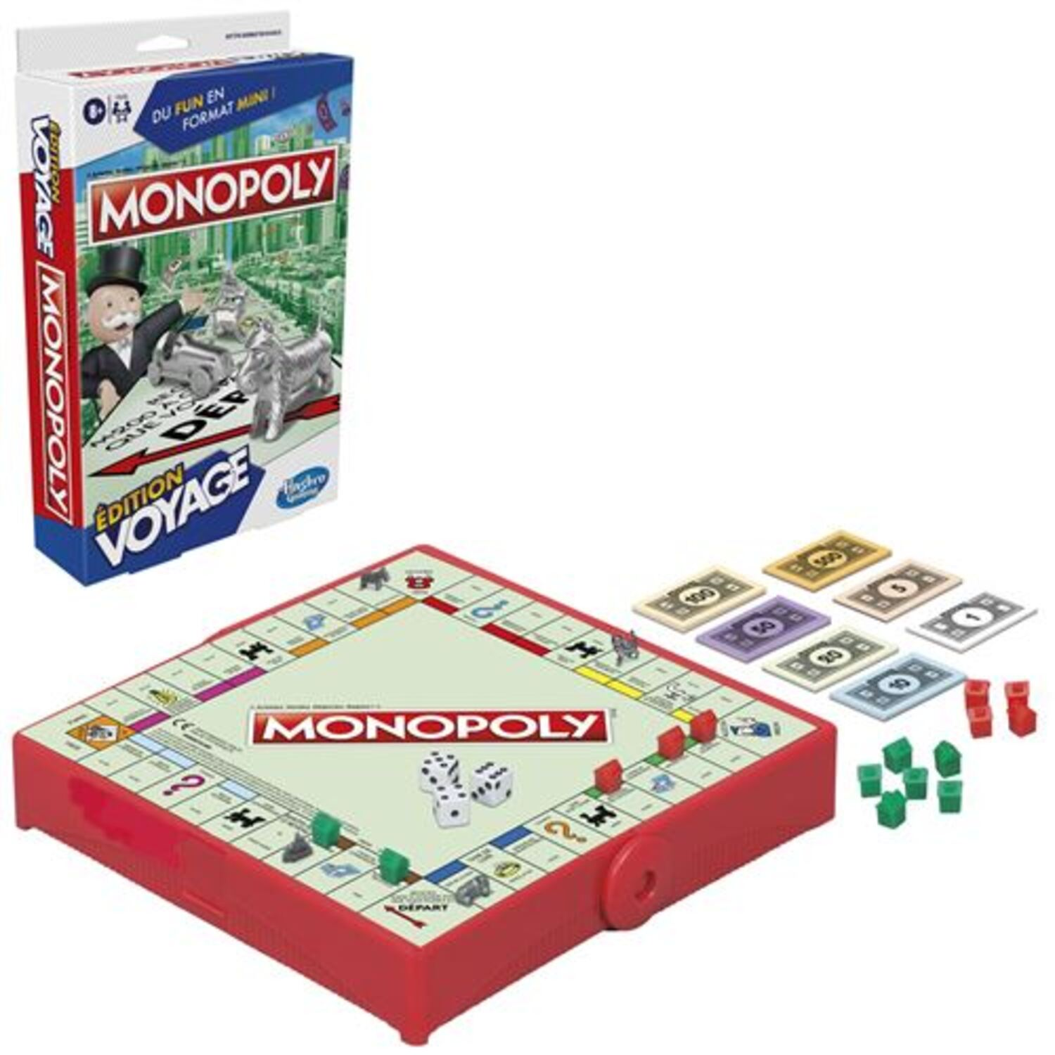 Monopoly board game with box, board, dice, and money.