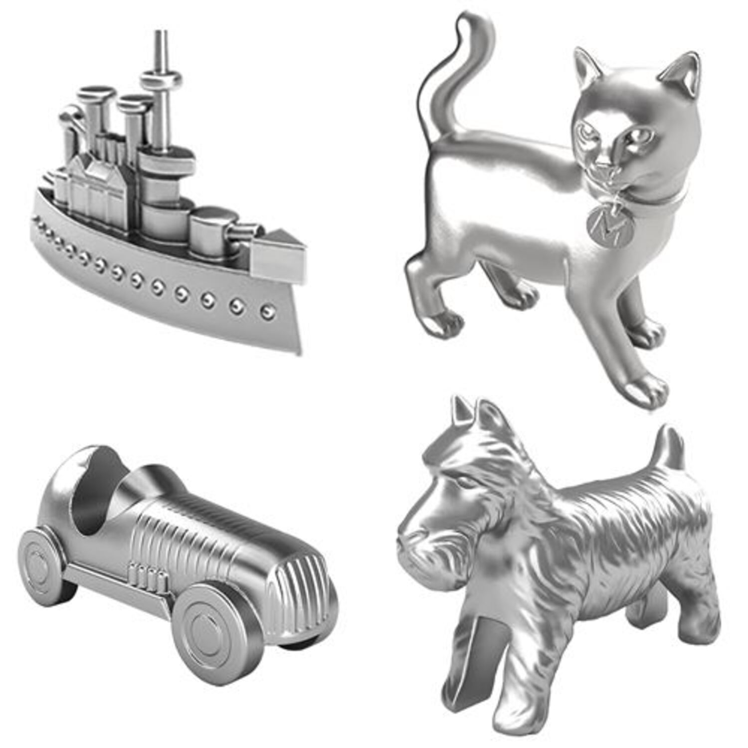 Four silver Monopoly game pieces on a white background.