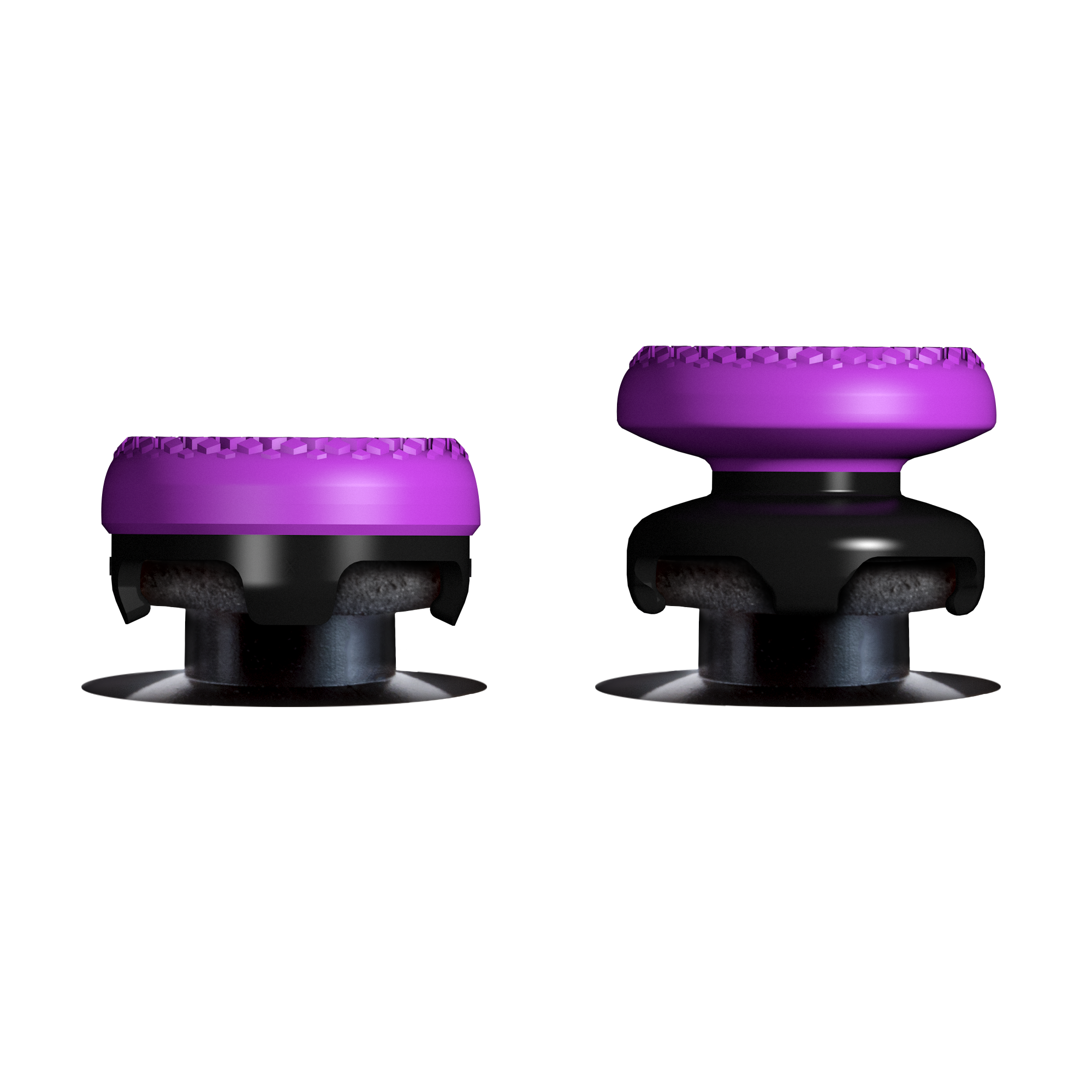 Zwei lilafarbene und schwarze Joystick-Daumengriffe. Einer ist größer als der andere.