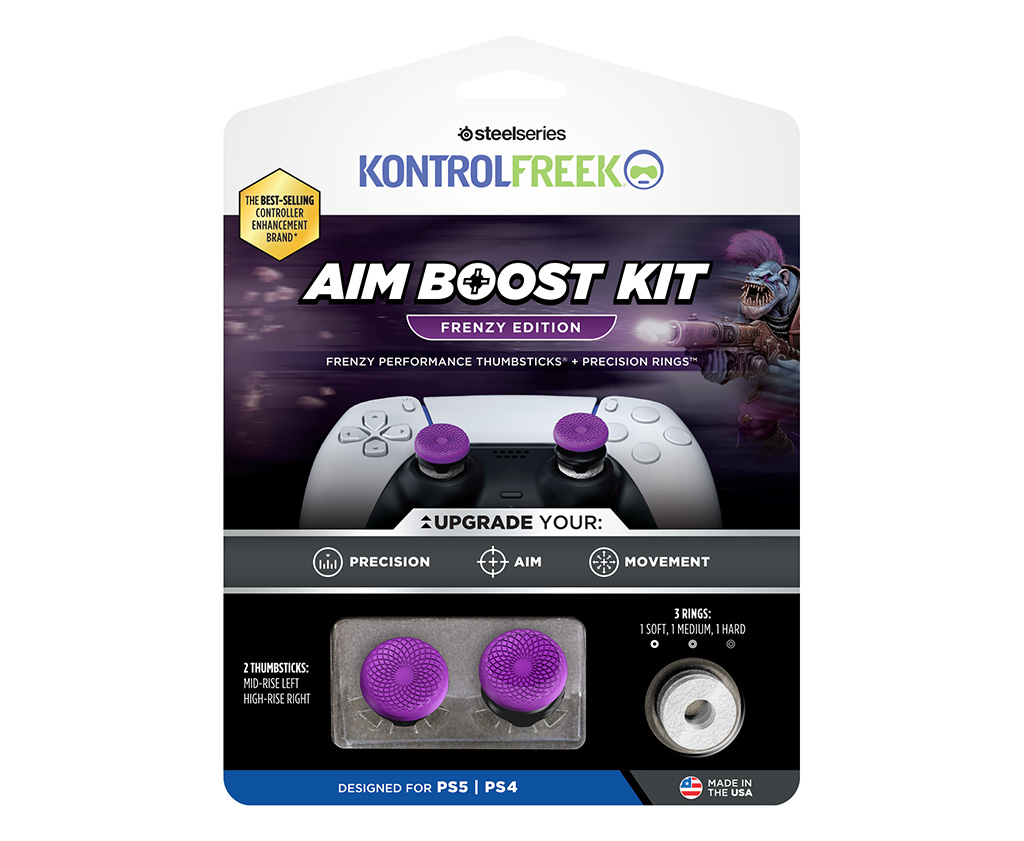 Produktverpackung für KontrolFreek Aim Boost Kit, mit violetten Thumbsticks und einer PS5-Controller-Illustration.