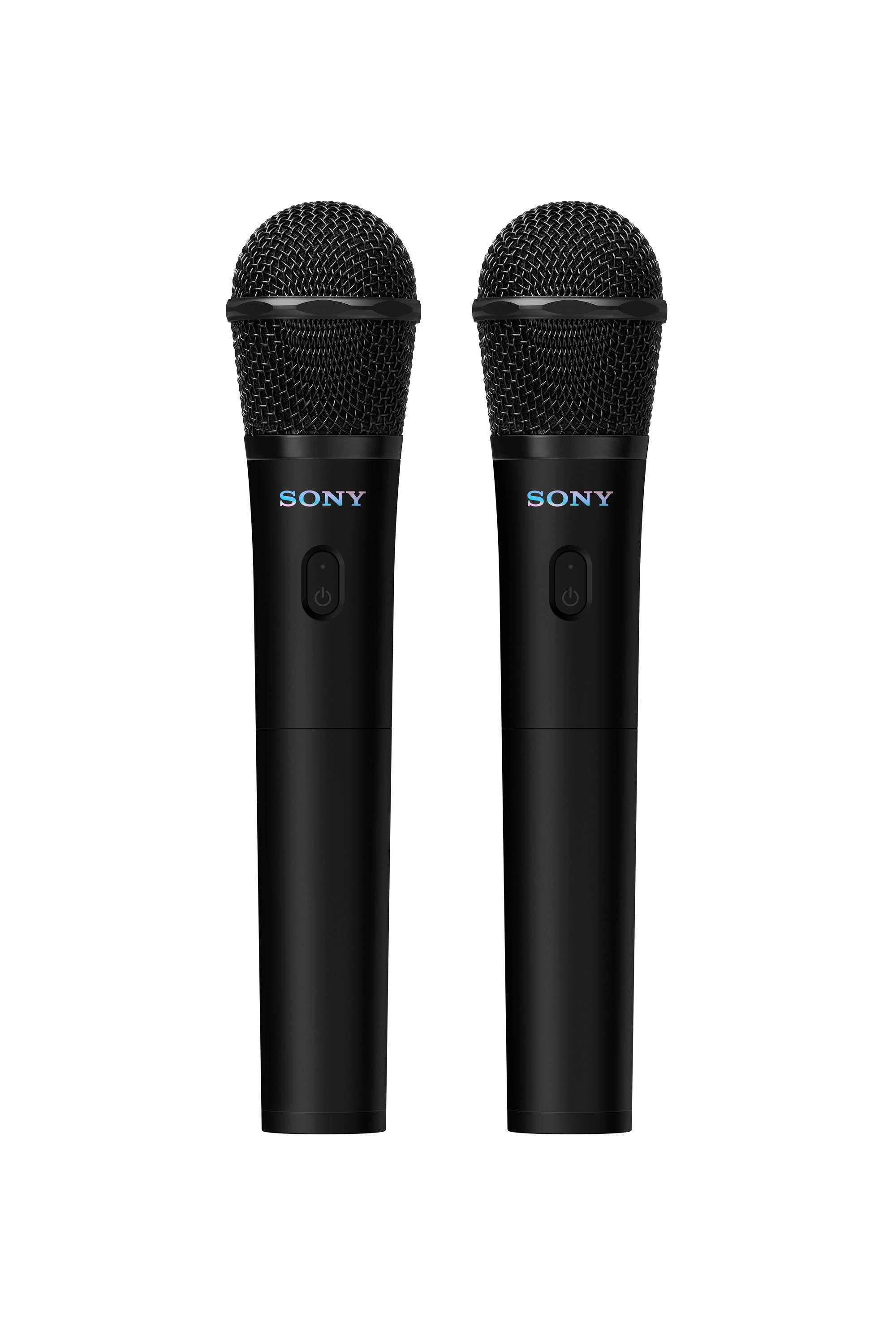 Zwei schwarze Sony-Mikrofone mit Netzhaube und Power-Taste auf weißem Hintergrund.